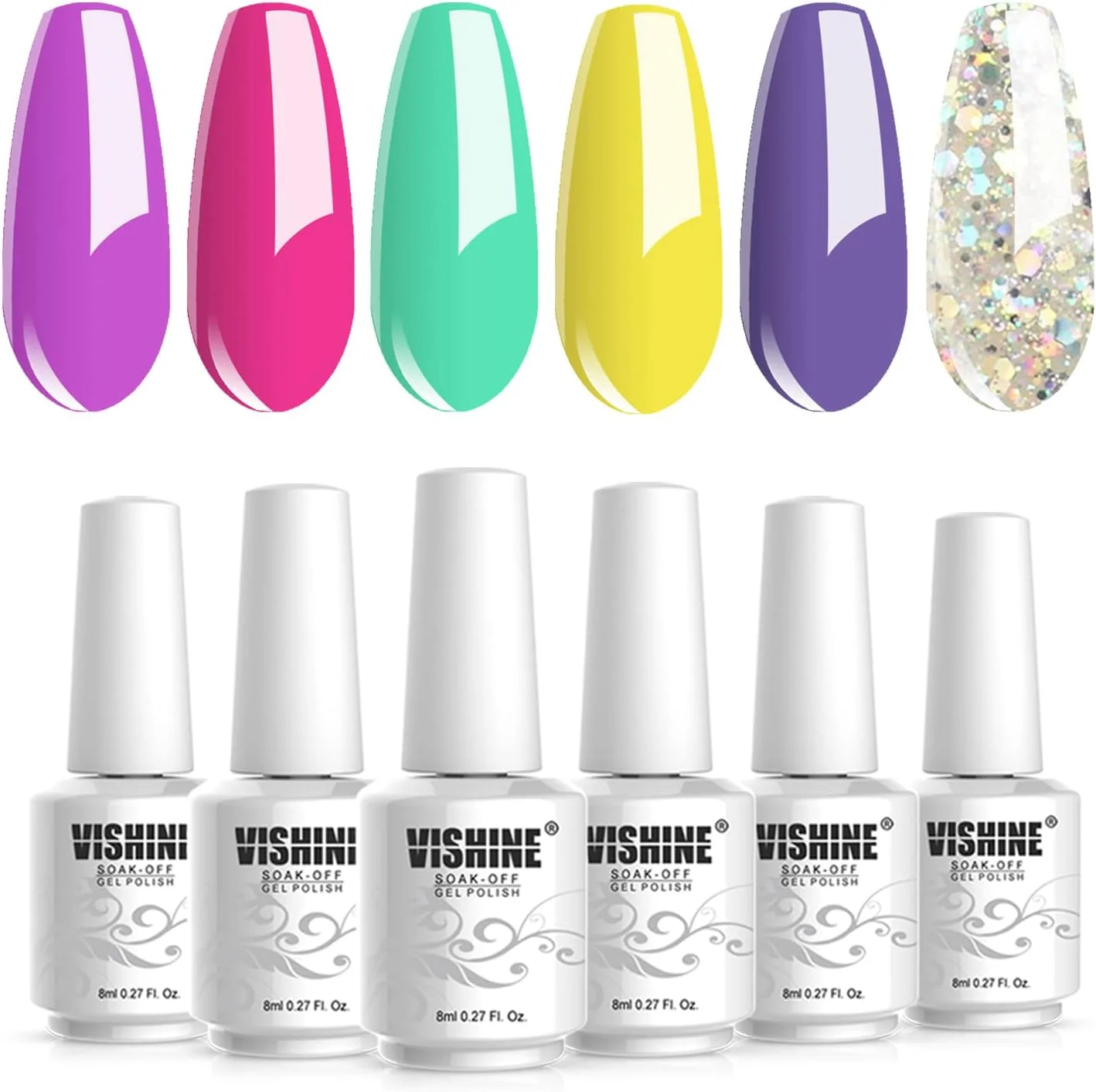مجموعه لاک ژل ناخن UV ویشین، مجموعه لاک ناخن صدفی، ژل خیساندنی، رنگ های آبنباتی، ماکارون، طراحی ناخن، ژل مانیکور ناخن، کیت 6 عددی