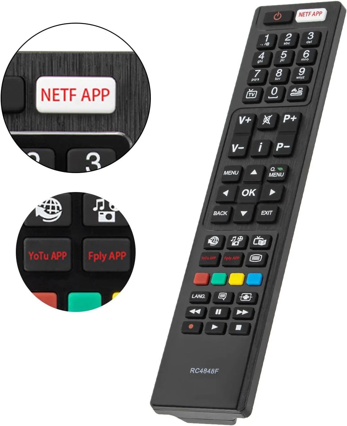 ریموت کنترل جایگزین یونیورسال YiBiChin برای تلویزیون های Hitachi/Bush/Polaroid، ریموت کنترل RC4848F سازگار با تلویزیون های هوشمند Hitachi/Polaroid/Bush، دارای 3 دکمه میانبر محبوب، بدون نیاز به تنظیم