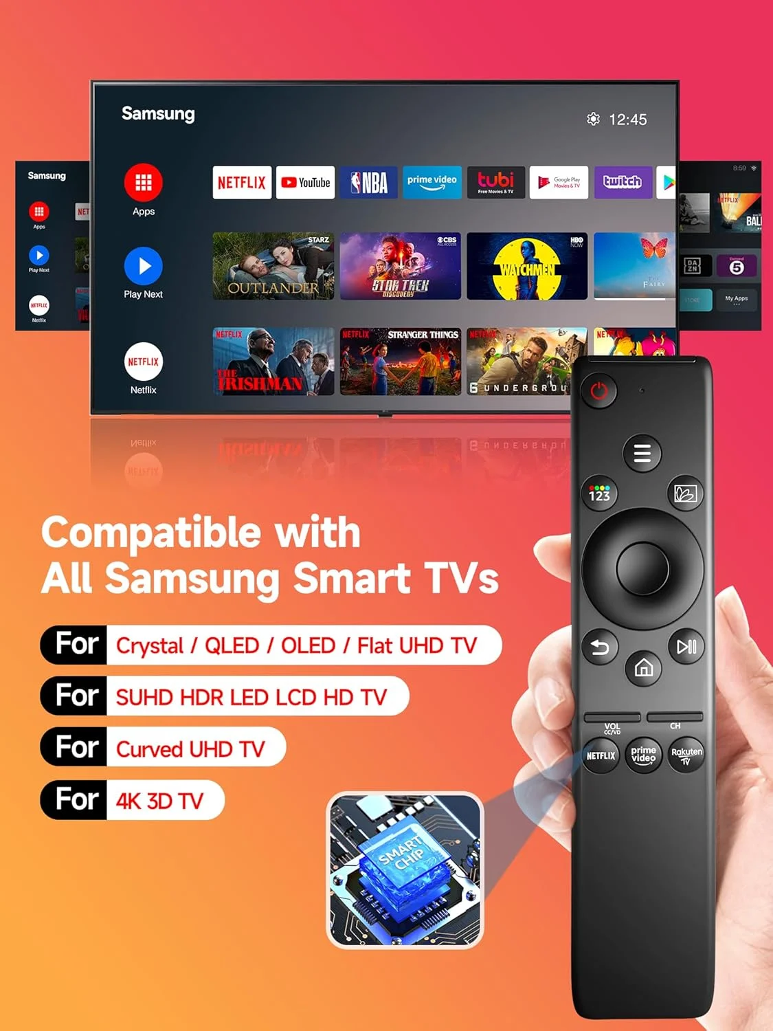 WDZP (بسته 2 عددی) ریموت کنترل یونیورسال برای تلویزیون های هوشمند سامسونگ، جایگزین ریموت کنترل تلویزیون های HD، 4K UHD، منحنی، QLED و سایر تلویزیون ها، با دکمه های نتفلیکس و پرایم ویدیو