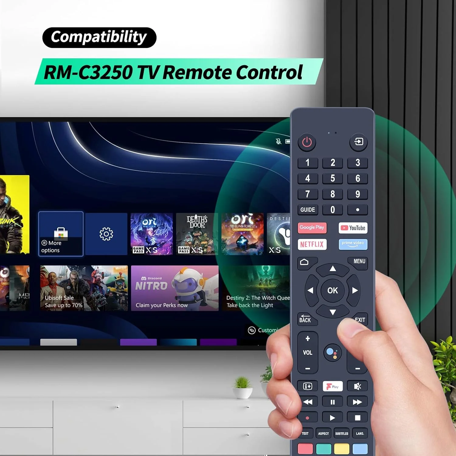 کنترل از راه دور صوتی RM-C3250 RMC3250 سازگار با تلویزیون هوشمند 4K UHD Ultra HD HDR LED LCD جی وی سی با دکمه های نتفلیکس، یوتیوب، پرایم ویدیو و گوگل پلی مدل LT-32CA690، بدون نیاز به تنظیمات