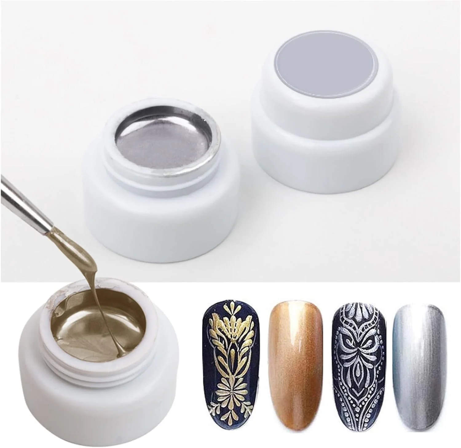 ژل طراحی ناخن متالیک آزونه، 2 عدد، ژل الاستیک خلاقانه طراحی ناخن، ژل UV برجسته برای طراحی و نقاشی ناخن (طلایی، نقره ای)