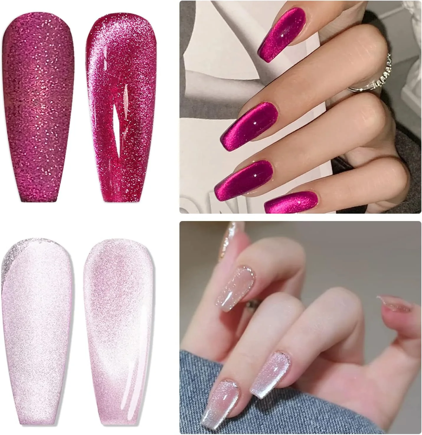 ست لاک ژل چشم گربه ای کریستالی AHAMIOU، ست لاک مغناطیسی، لاک ژل چشم گربه ای هولوگرافیک، لاک ژل براق الماس درخشان با چوب آهنربایی (2 عدد - صورتی و صورتی تیره)