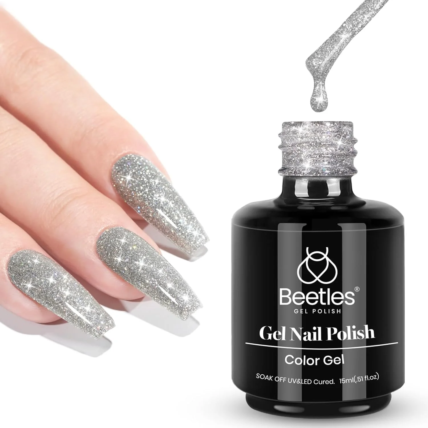 Beetles Gel Nail Polish Reflective Silver Glitter 15ml UV LED Nail Lamp Nail Art Manicure Salon DIY Home 0.5Oz