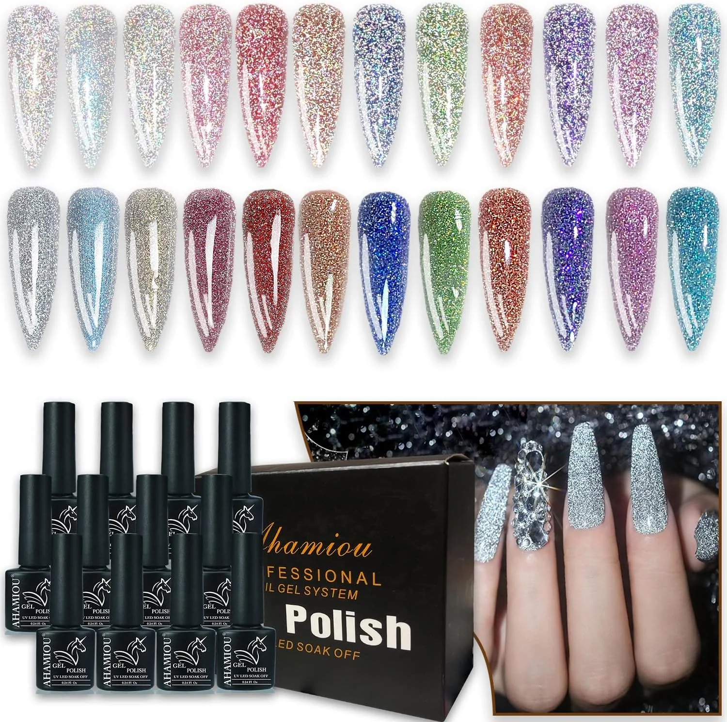 ست لاک ژل بازتابنده AHAMIOU، ست لاک ژل اکلیلی بازتابنده درخشان، لاک ناخن UV LED الماسی براق، مناسب برای مانیکور DIY خانگی، هنر ناخن، لاک سالنی، 12 عددی (SET-2)