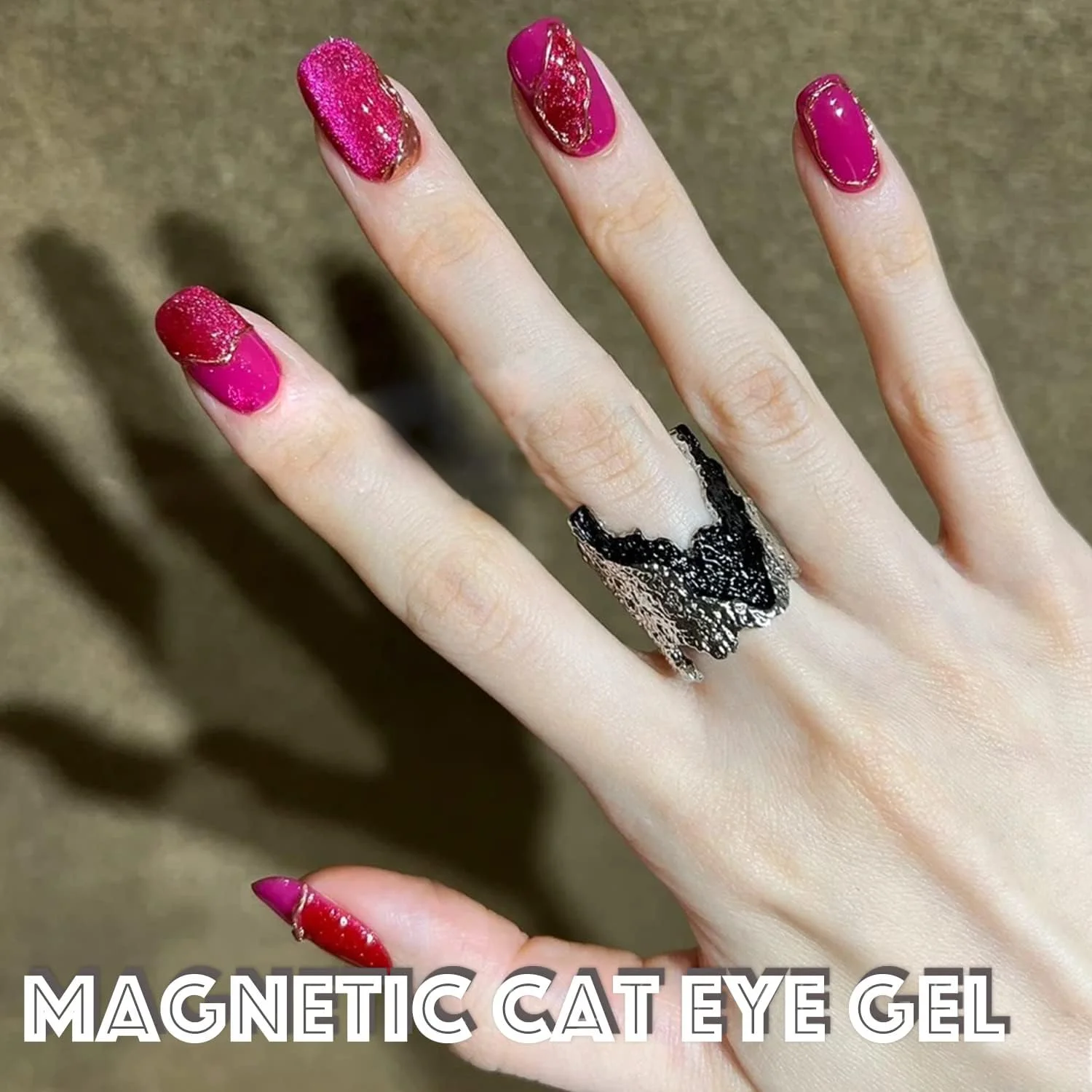 ست لاک ژل چشم گربه ای کریستالی AHAMIOU، ست لاک مغناطیسی، لاک ژل براق الماس درخشان هولوگرافی با چوب آهنربایی (صورتی تیره)