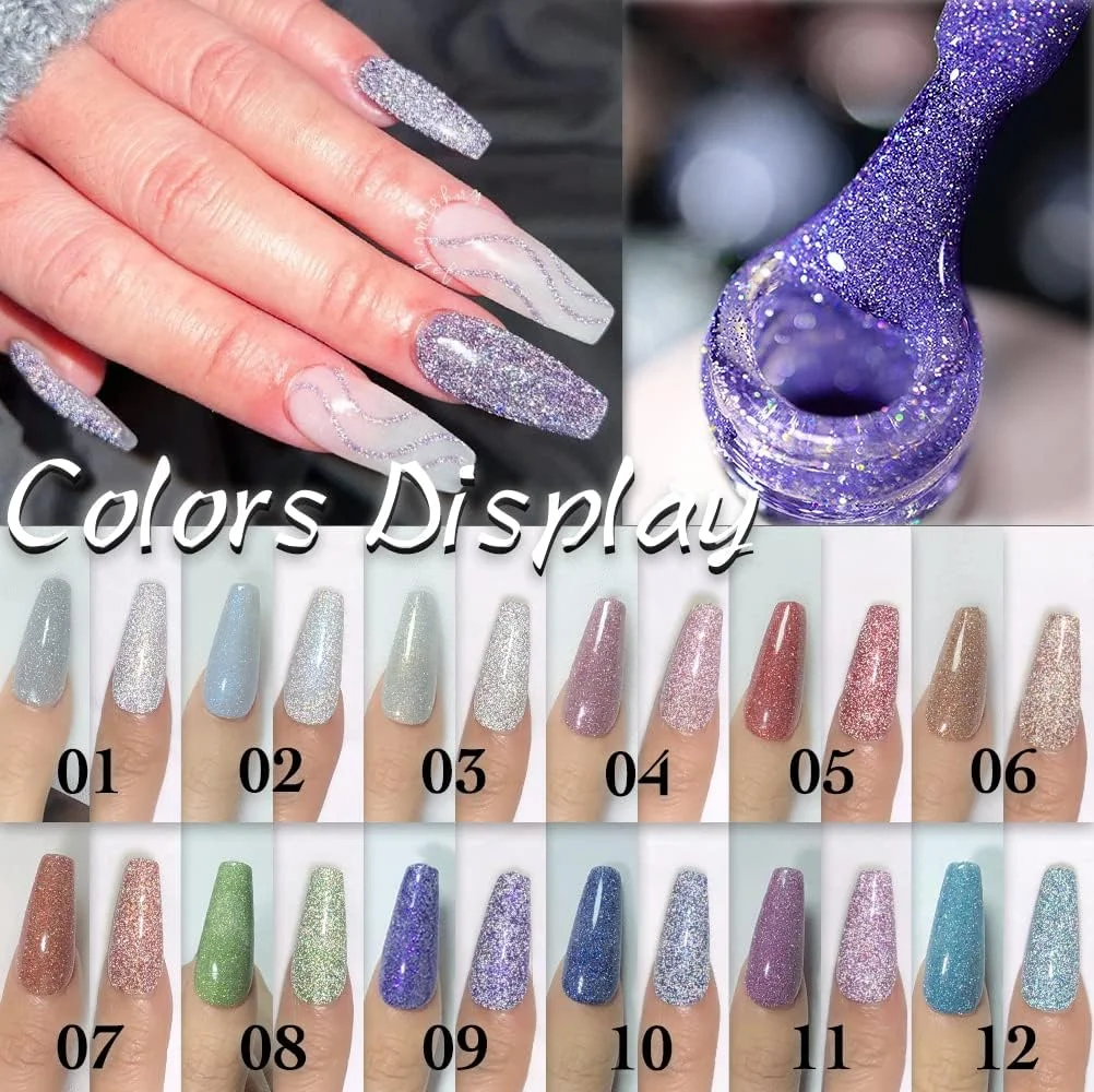 ست لاک ژل بازتابنده AHAMIOU، ست لاک ژل اکلیلی بازتابنده درخشان، لاک ناخن UV LED الماسی براق، مناسب برای مانیکور DIY خانگی، هنر ناخن، لاک سالنی، 12 عددی (SET-2)