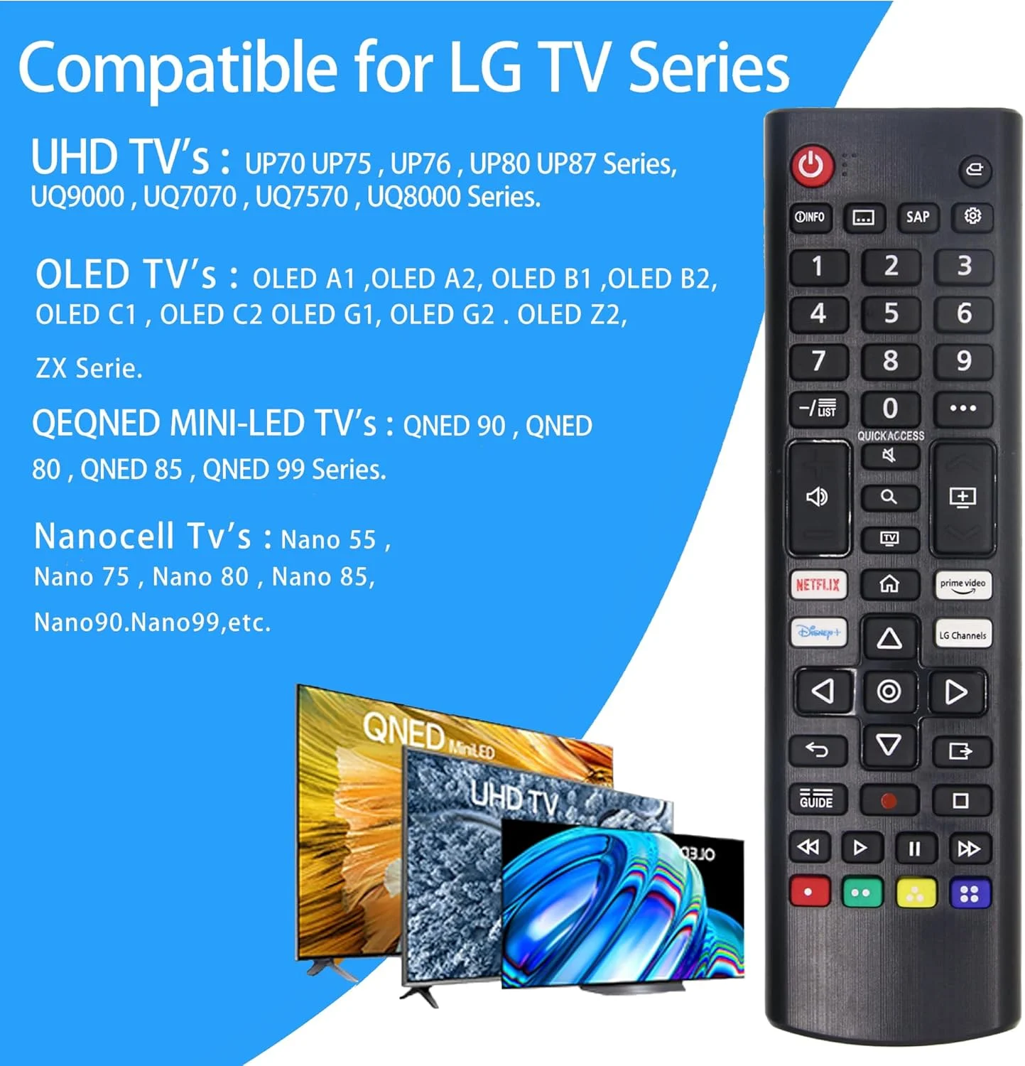 Universal Replacement Remote for LG Smart TVs – Compatible with LCD, LED, OLED, UHD, HDTV, Plasma, Magic, 3D, 4K WebOS Models (AKB75095307, AKB75375604, AKB75675304, AKB74915305) Universal Replacement Remote for LG Smart TVs – Compatible with LCD, LED, OLED, UHD, HDTV, Plasma, Magic, 3D, 4K WebOS Models (AKB75095307, AKB75375604, AKB75675304, AKB74915305)