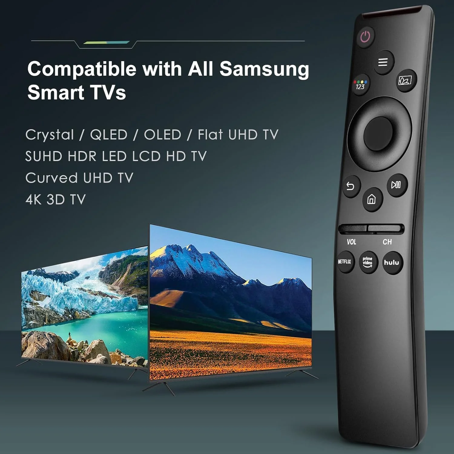 ریموت کنترل یونیورسال برای تلویزیون های هوشمند سامسونگ، جایگزین ریموت کنترل تلویزیون های HD، 4K UHD، خمیده QLED و سایر تلویزیون ها، دارای دکمه های نتفلیکس و پرایم ویدیو (Samsung Curved)