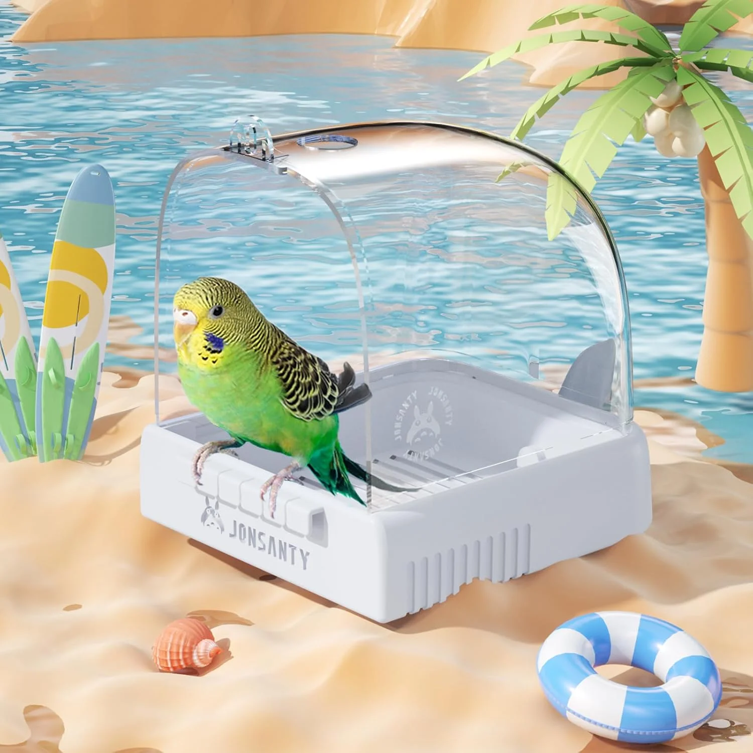 حمام آویز پرنده برای قفس، کاسه غذای طوطی، دید 360 درجه شفاف، لوازم جانبی قفس پرنده، با بطری تمیز کننده، برای پرندگان کوچک و متوسط، مرغ عشق، پاراکیت، عروس هلندی، مرغ مینا، طوطی کوتوله، سفید