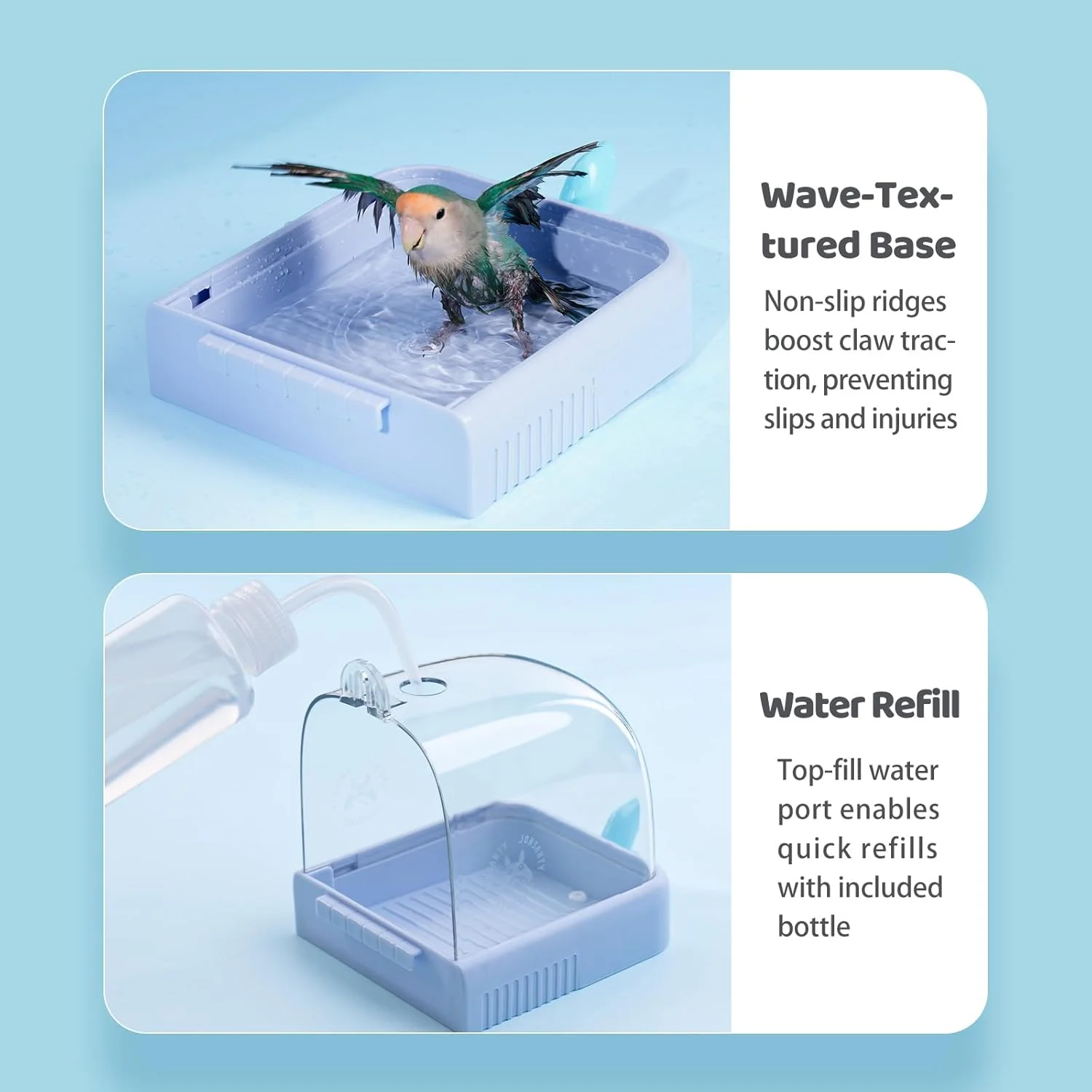 حمام آویز پرنده برای قفس، کاسه غذای طوطی، دید 360 درجه شفاف، لوازم جانبی قفس پرنده، با بطری تمیز کننده، برای پرندگان کوچک و متوسط، مرغ عشق، پاراکیت، عروس هلندی، مرغ مینا، طوطی کوتوله، سفید