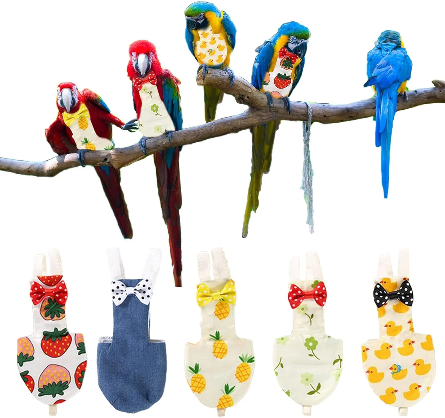 پوشک پرنده، لباس پرواز، 5 عدد لباس محافظ قابل شستشو، انعطاف پذیر و قابل استفاده مجدد برای طوطی ها، مرغ عشق ها و کبوتر، پوشک کوکاتیل طرح کارتونی