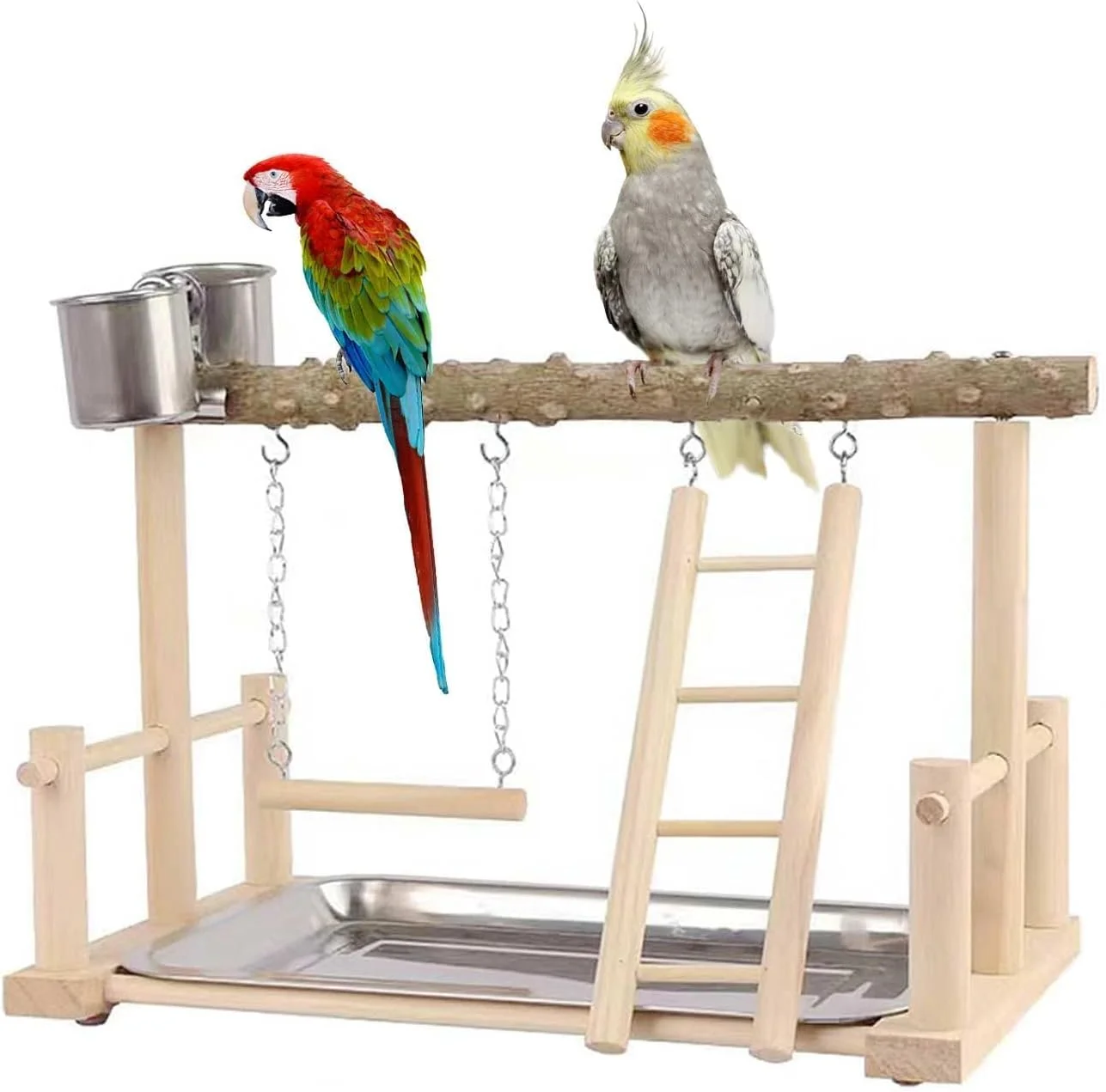 زمین بازی چوبی اسباب بازی پرندگان، لوازم جانبی قفس پرنده، سکوی ورزشی پرنده، میله های نشیمن پرنده، دارای 2 فنجان استیل ضد زنگ و سینی جداشدنی