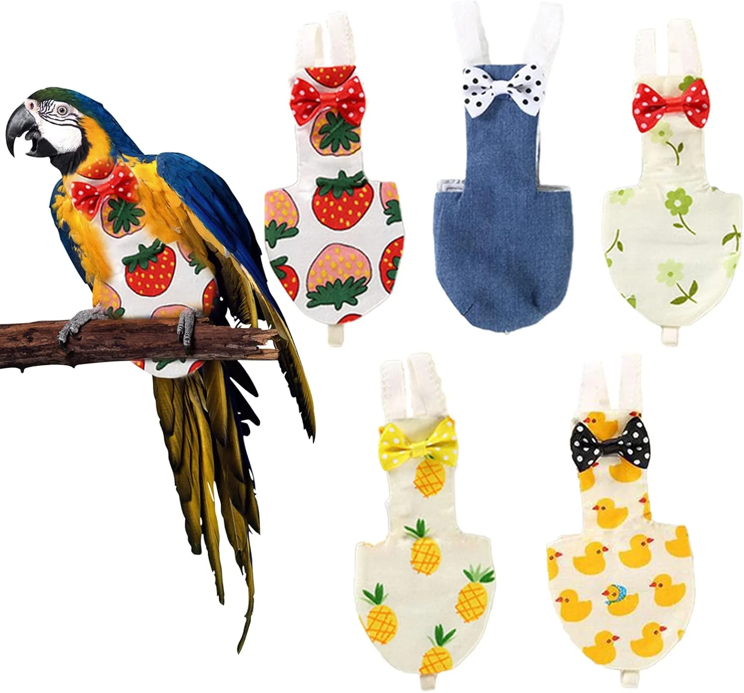 پوشک پرنده، لباس پرواز، 5 عدد لباس محافظ قابل شستشو، انعطاف پذیر و قابل استفاده مجدد برای طوطی ها، مرغ عشق ها و کبوتر، پوشک کوکاتیل طرح کارتونی