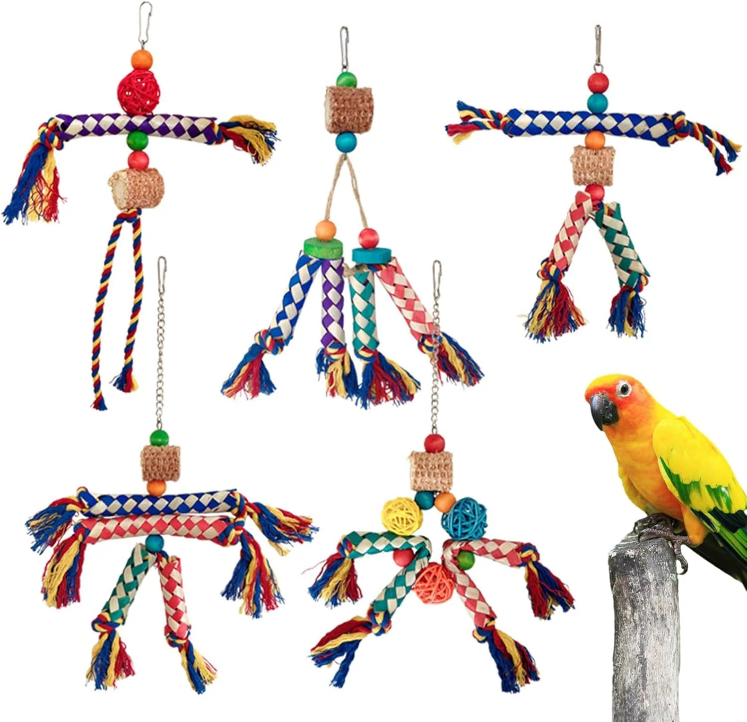 اسباب بازی طوطی برای پرندگان - طناب رنگارنگ جستجوی غذا برای عروس هلندی، طناب جویدنی نشیمنگاه قفس پرنده، بازی تعاملی برای کانورها، باجی ها، عروس هلندی ها و پریکیتوها