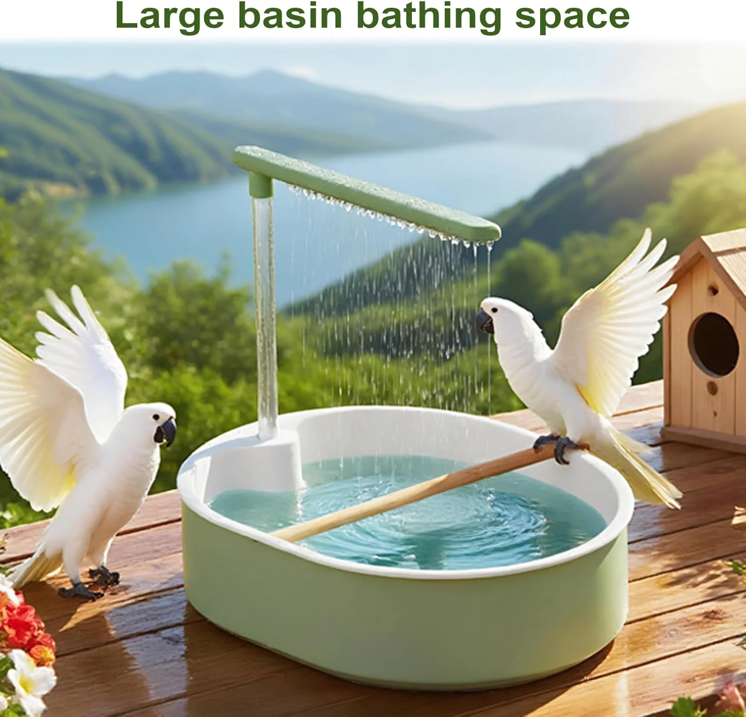 حمام طوطی - حمام پرنده طوطی، فواره حوضچه برای لوازم جانبی قفس سیستم آب مرغ عشق کاکادو طوطی برزیلی لذت حمام کردن در محیط داخلی