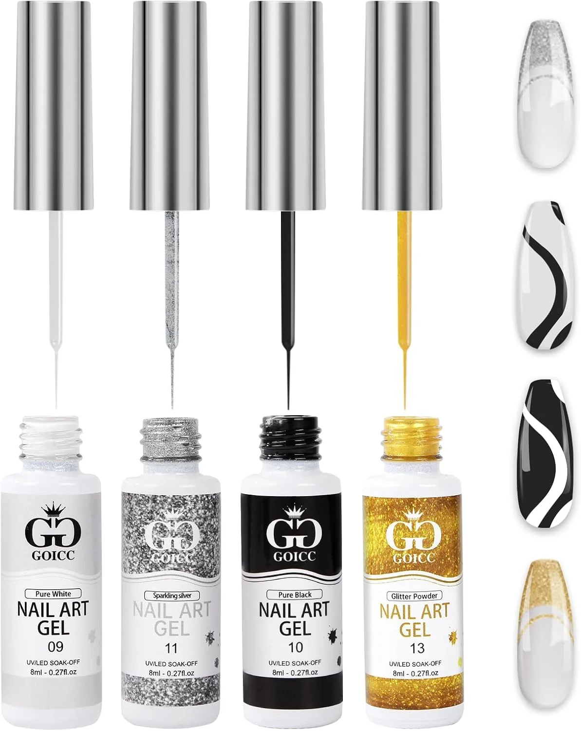 ست لاک ژل طراحی ناخن با قلم موی نازک - 4 رنگ لاک ژل سفید، مشکی، نقره ای اکلیلی برای طراحی ناخن، نوک فرانسوی، خیساندن UV/LED 8ml