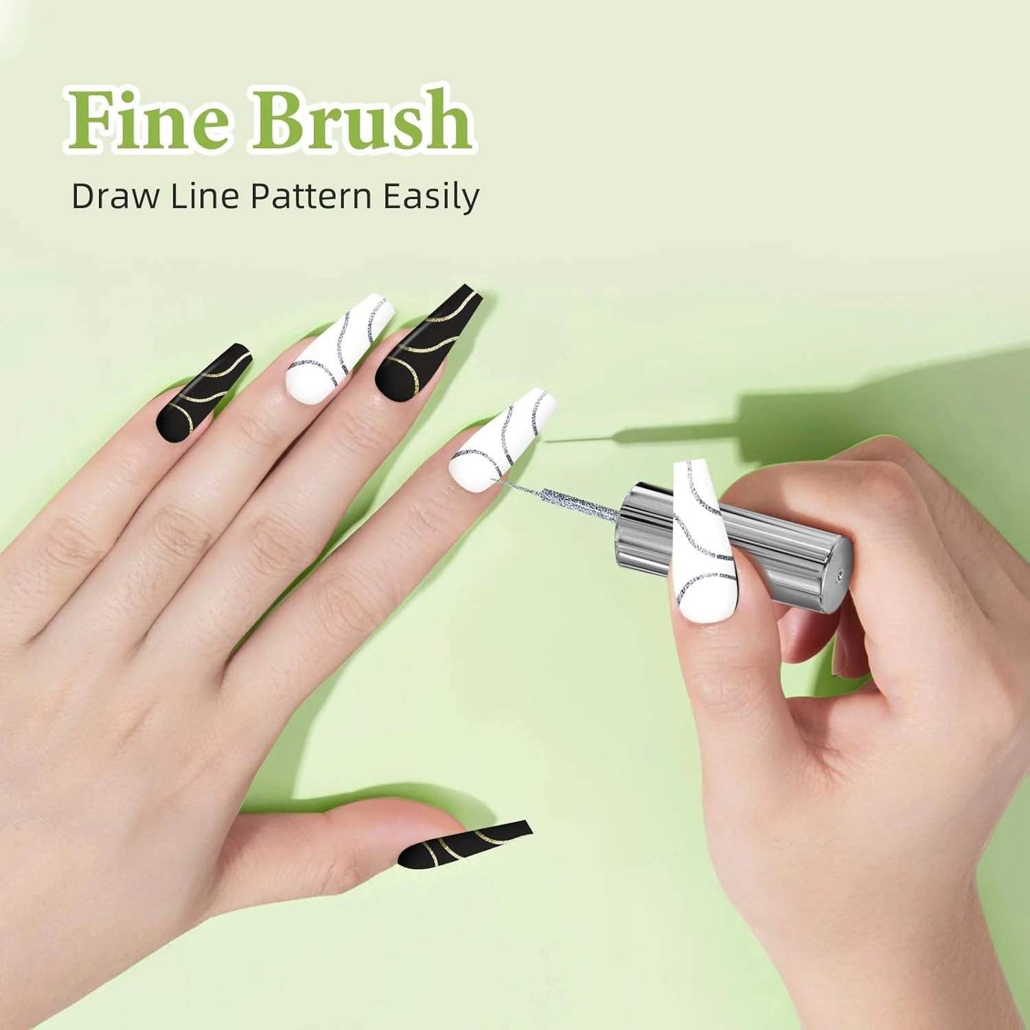 ست لاک ژل طراحی ناخن با قلم موی نازک - 4 رنگ لاک ژل سفید، مشکی، نقره ای اکلیلی برای طراحی ناخن، نوک فرانسوی، خیساندن UV/LED 8ml