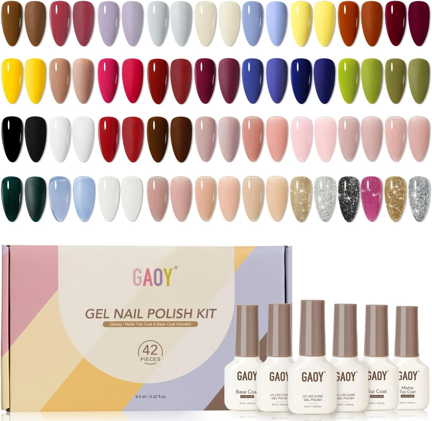 ست لاک ژل 42 عددی GAOY، رنگ های ژله ای اکلیلی قرمز قهوه ای مشکی، مناسب تمام فصول، همراه با تاپ کت براق و مات و بیس کت برای طراحی ناخن در خانه