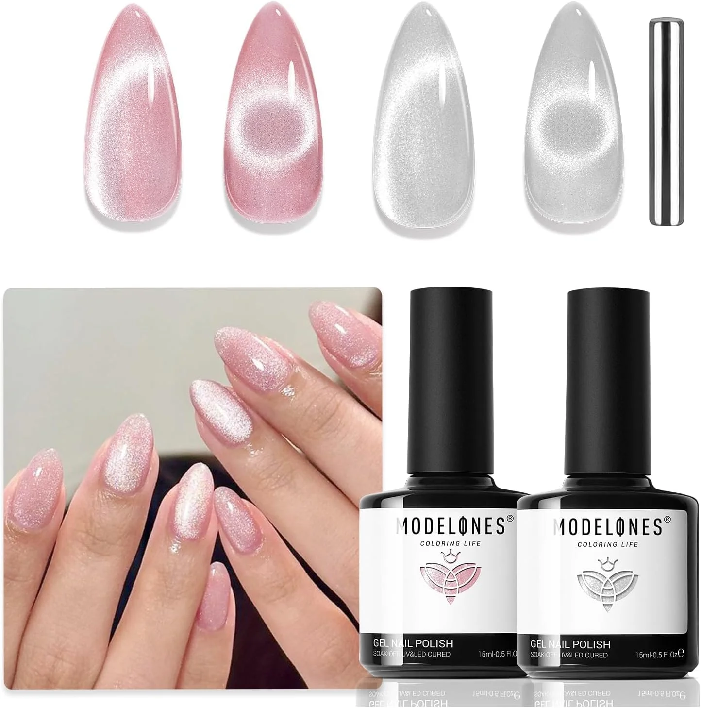 لاک ژل چشم گربه ای مدلونز، 2 عدد 15 میلی لیتری صورتی نقره ای هولوگرافیک 9 بعدی اکلیلی چند رنگی، لاک ژل ناخن صورتی با آهنربا، ژل طراحی ناخن DIY سالن