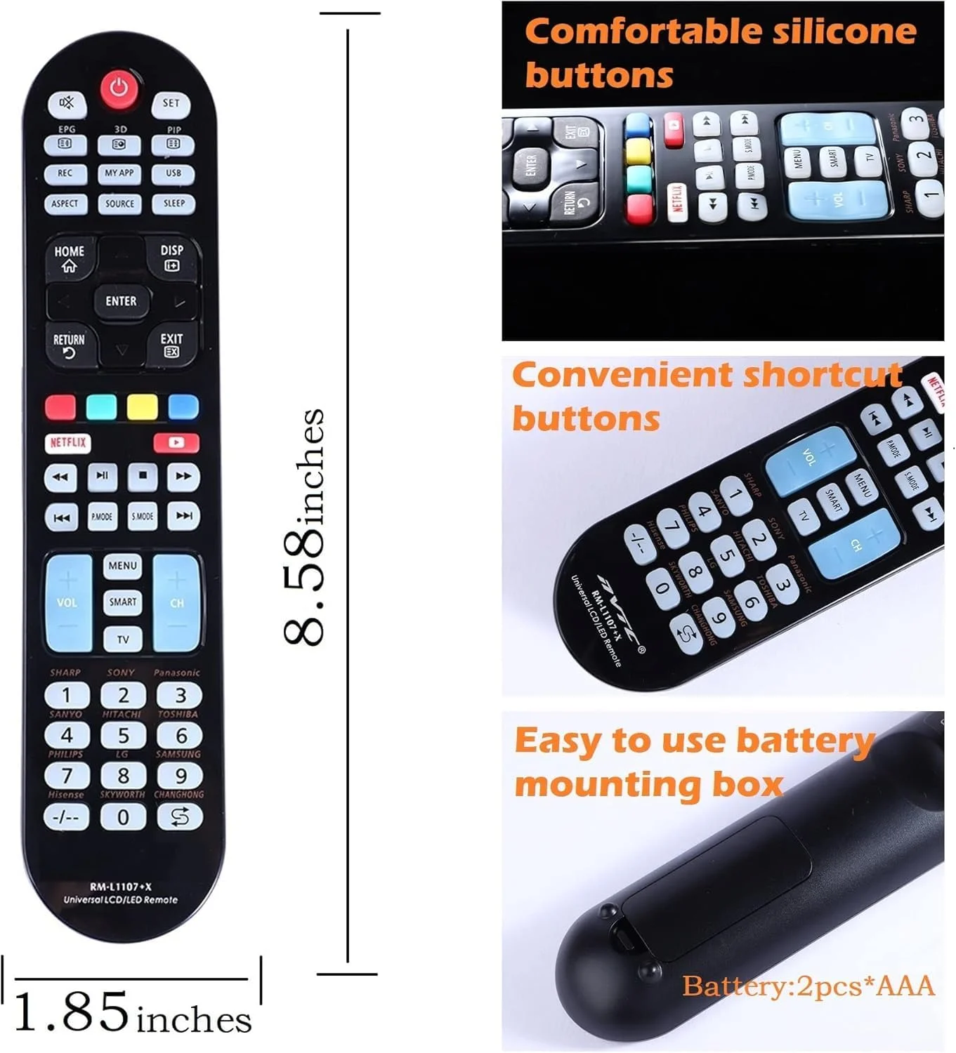 ریموت کنترل تلویزیون یونیورسال VersaMarts مدل RM-L1107+X – سازگار با تلویزیون های LED/LCD – نصب آسان، کار با 99% برندها – کنترلر جایگزین