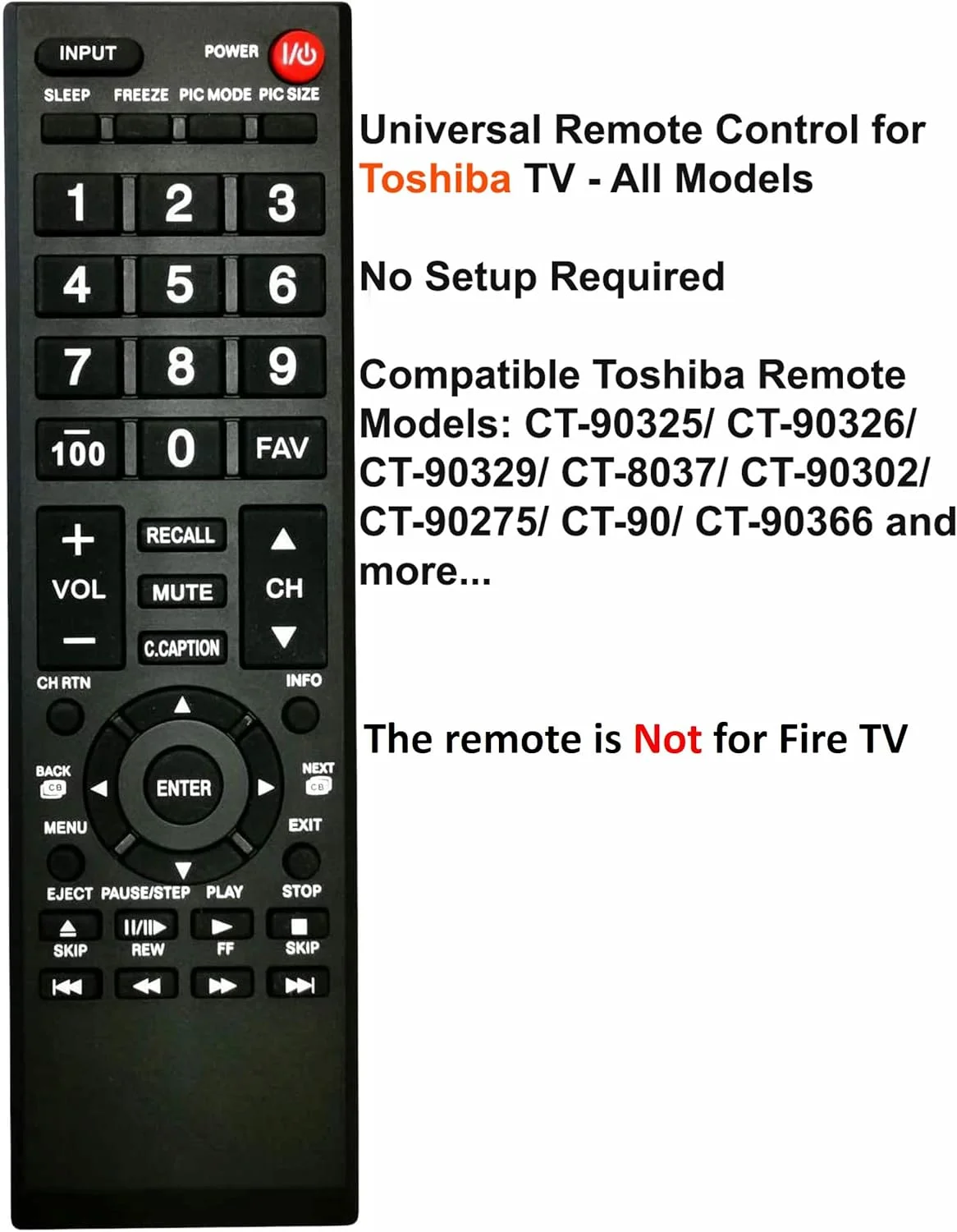 ریموت کنترل یونیورسال برای تلویزیون توشیبا، جایگزین برای تمام تلویزیون های هوشمند ال سی دی ال ای دی اچ دی تی وی سه بعدی 4K UHD توشیبا (نه برای فایر تی وی)