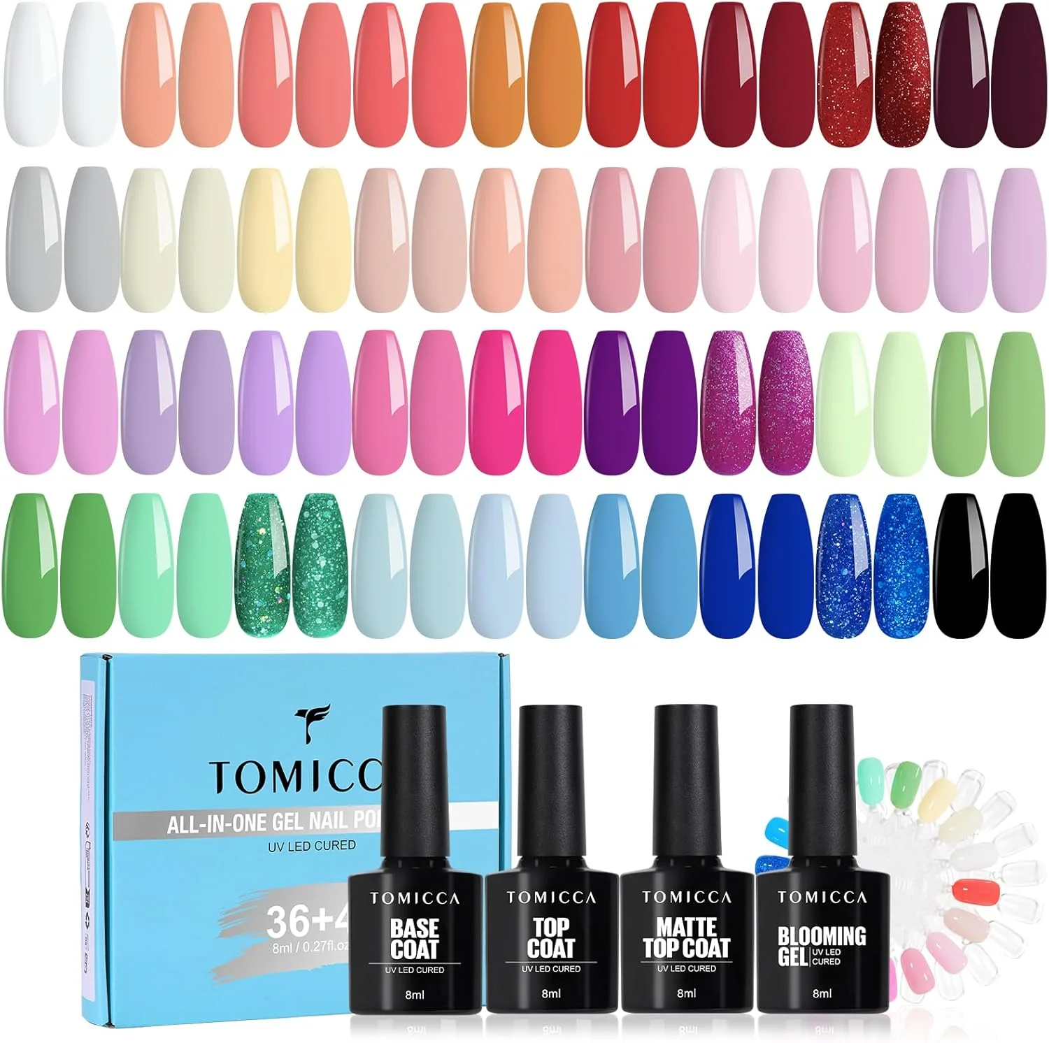 ست لاک ژل 40 عددی لوکس تومیکا - 36 رنگ + 4 لاک پایه/رویه و ژل بلومینگ | 2 عدد تیپ نمایشگر برای استودیوهای ناخن و DIY خانگی، دارای گواهی حلال