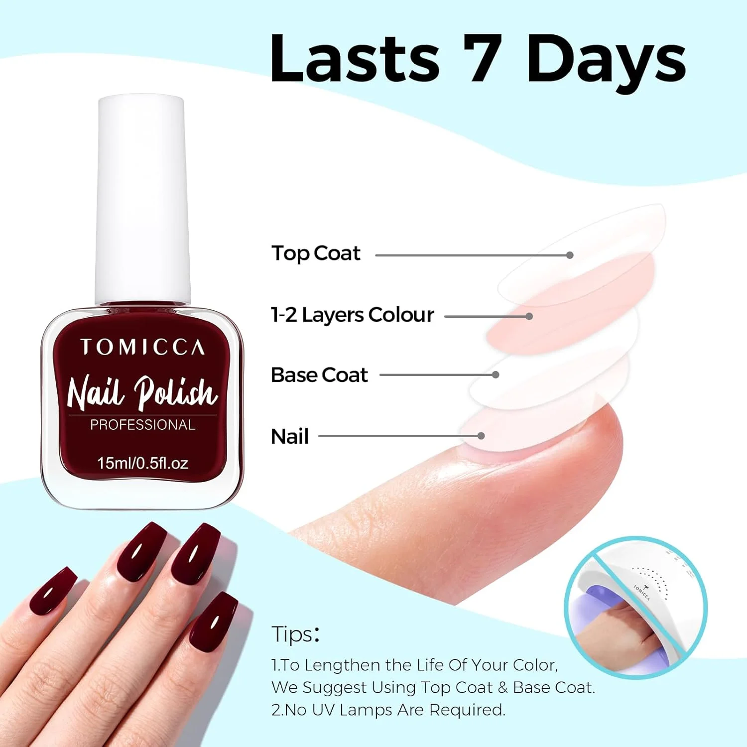لاک ناخن قرمز گیلاسی خشک‌شونده سریع تومیکا، قرمز شرابی بادوام برای مانیکور سالنی DIY در خانه، 15 میلی‌لیتر