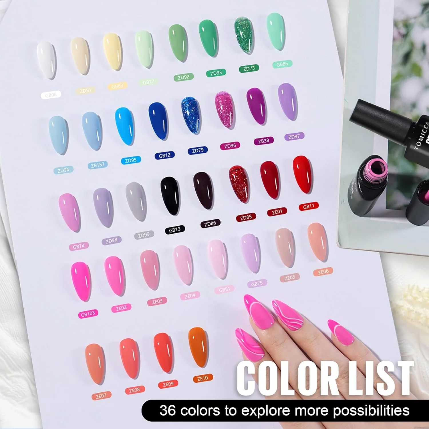 ست لاک ژل 40 عددی لوکس تومیکا - 36 رنگ + 4 لاک پایه/رویه و ژل بلومینگ | 2 عدد تیپ نمایشگر برای استودیوهای ناخن و DIY خانگی، دارای گواهی حلال ست لاک ژل 40 عددی لوکس تومیکا - 36 رنگ + 4 لاک پایه/رویه و ژل بلومینگ | 2 عدد تیپ نمایشگر برای استودیوهای ناخن و DIY خانگی، دارای گواهی حلال