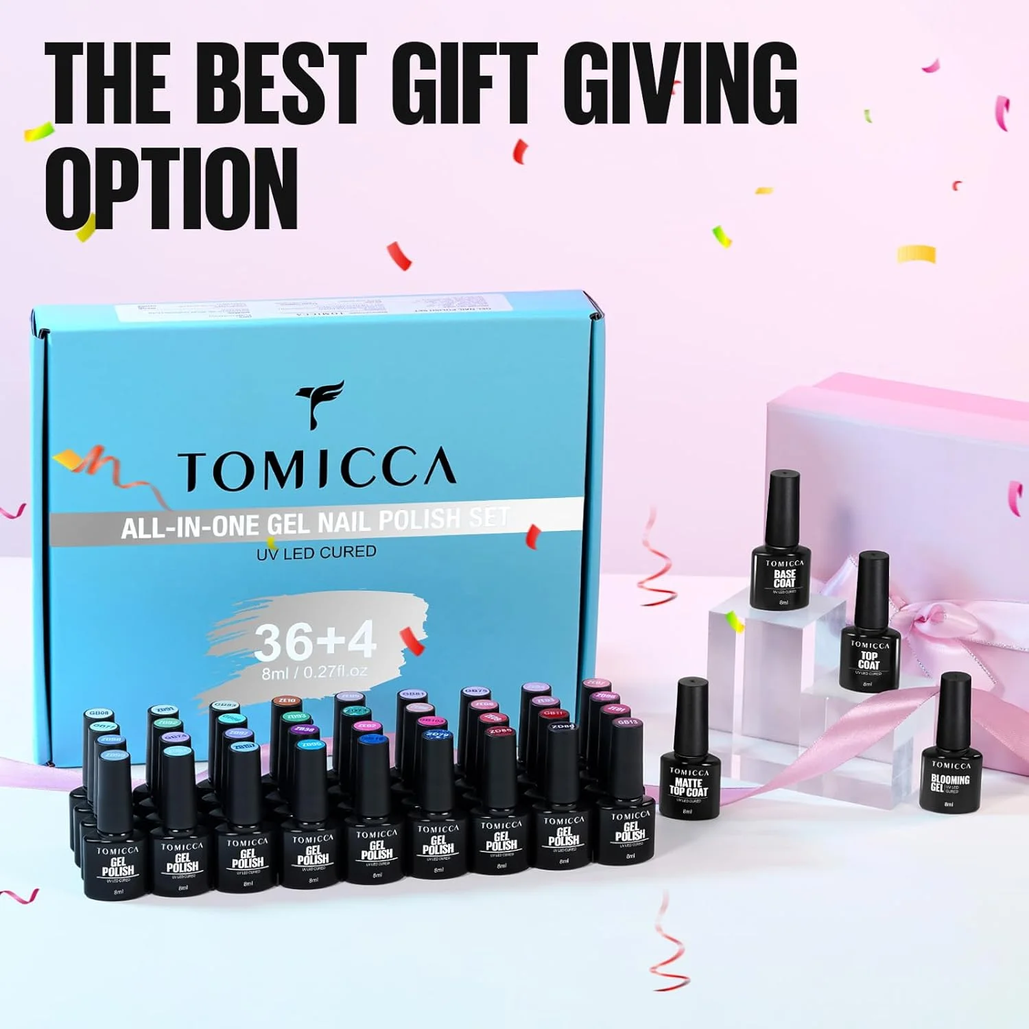 ست لاک ژل 40 عددی لوکس تومیکا - 36 رنگ + 4 لاک پایه/رویه و ژل بلومینگ | 2 عدد تیپ نمایشگر برای استودیوهای ناخن و DIY خانگی، دارای گواهی حلال ست لاک ژل 40 عددی لوکس تومیکا - 36 رنگ + 4 لاک پایه/رویه و ژل بلومینگ | 2 عدد تیپ نمایشگر برای استودیوهای ناخن و DIY خانگی، دارای گواهی حلال