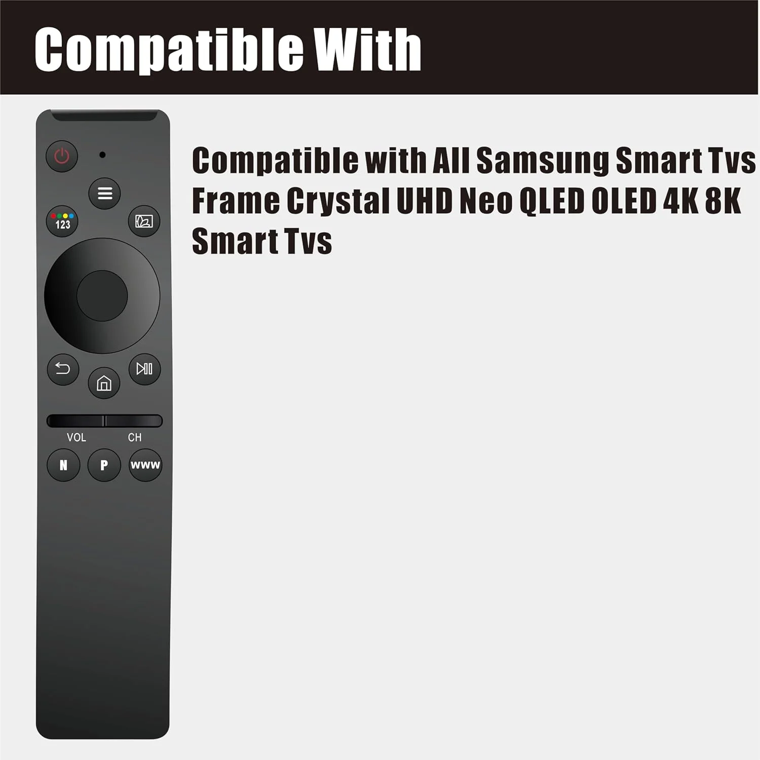 ریموت کنترل یونیورسال سازگار با تمام تلویزیون های سامسونگ LED QLED UHD SUHD HDR LCD فریم کرو سولار HDTV 4K 8K 3D اسمارت، جایگزین ریموت، با دکمه های نتفلیکس، پرایم ویدیو، WWW
