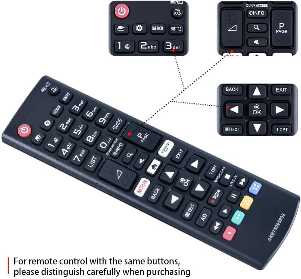 ریموت کنترل یونیورسال جایگزین PZL مدل AKB75095308 AKB75095307 AKB74915305 AKB75375604 برای تمام تلویزیون های هوشمند ال جی مدل های 32LJ610V 43LJ614V 43UJ6307 43UJ6309 55UJ630V 55UJ634V 60UJ6307 60UJ6309