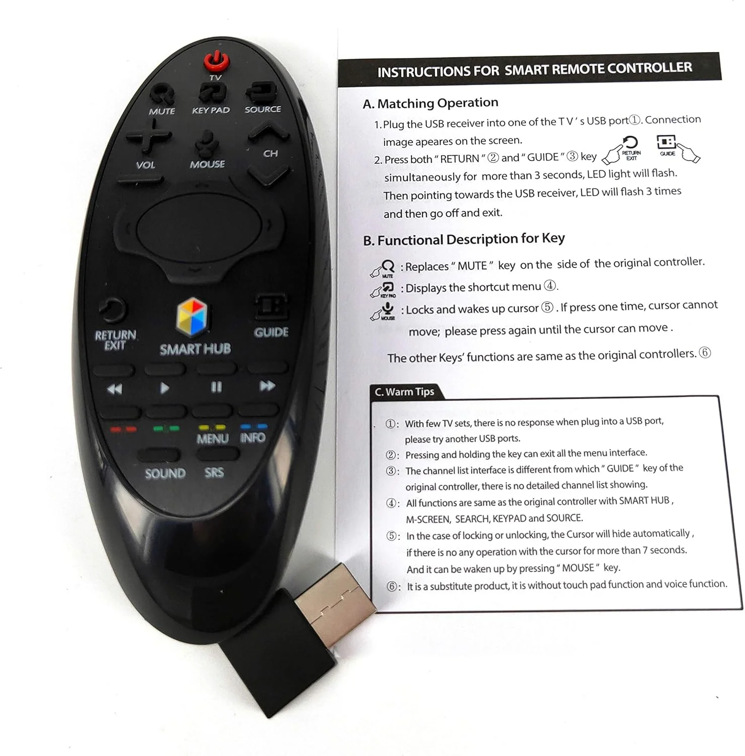 ریموت کنترل SAMBA - جایگزین جدید BN94-07557A BN59-01184D BN59-01181G برای ریموت کنترل تلویزیون ال ای دی هوشمند Samsung SMART HUB مدل UA55HU9800 UA65HU9800 USB