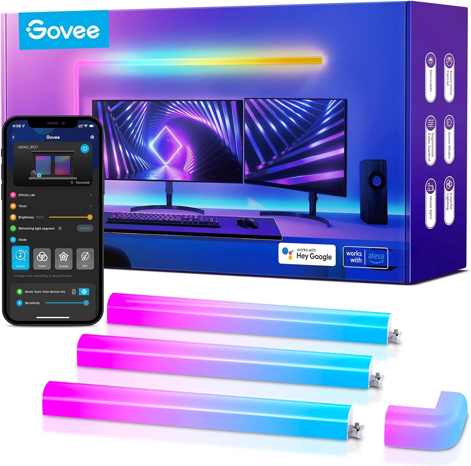 چراغ های دیواری ال ای دی هوشمند Govee Glide RGBIC، چراغ های دیواری RGBIC هوشمند برای اتاق بازی، تلویزیون، اتاق خواب، استریم، کار با الکسا و دستیار گوگل، چراغ های نواری با همگام سازی موسیقی، Glides چند رنگ، 6 عدد و 1 گوشه