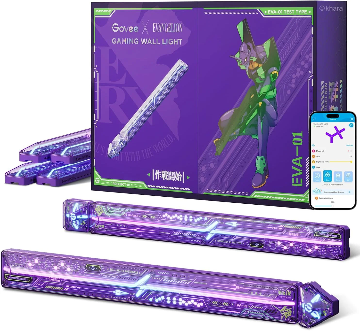 چراغ دیواری LED مدل Govee x EVANGELION Glide، چراغ دیواری گیمینگ RGBIC، اشکال DIY به سبک Mecha، نور گیمینگ برای اتاق بازی، چراغ دیواری سازگار با Matter و Alexa، 6 عدد و 2 اتصال دهنده