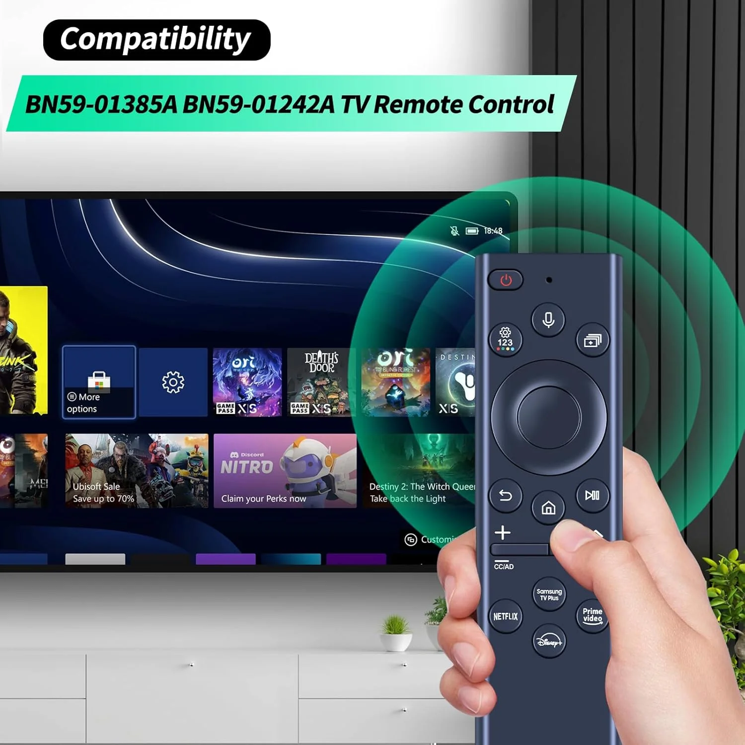 ریموت کنترل صوتی BN59-01385A جایگزین مناسب برای ریموت کنترل تلویزیون هوشمند سامسونگ با عملکرد صوتی، سازگار با تلویزیون های هوشمند کریستال UHD QLED 4K 8K سامسونگ (2020/2021/2022)