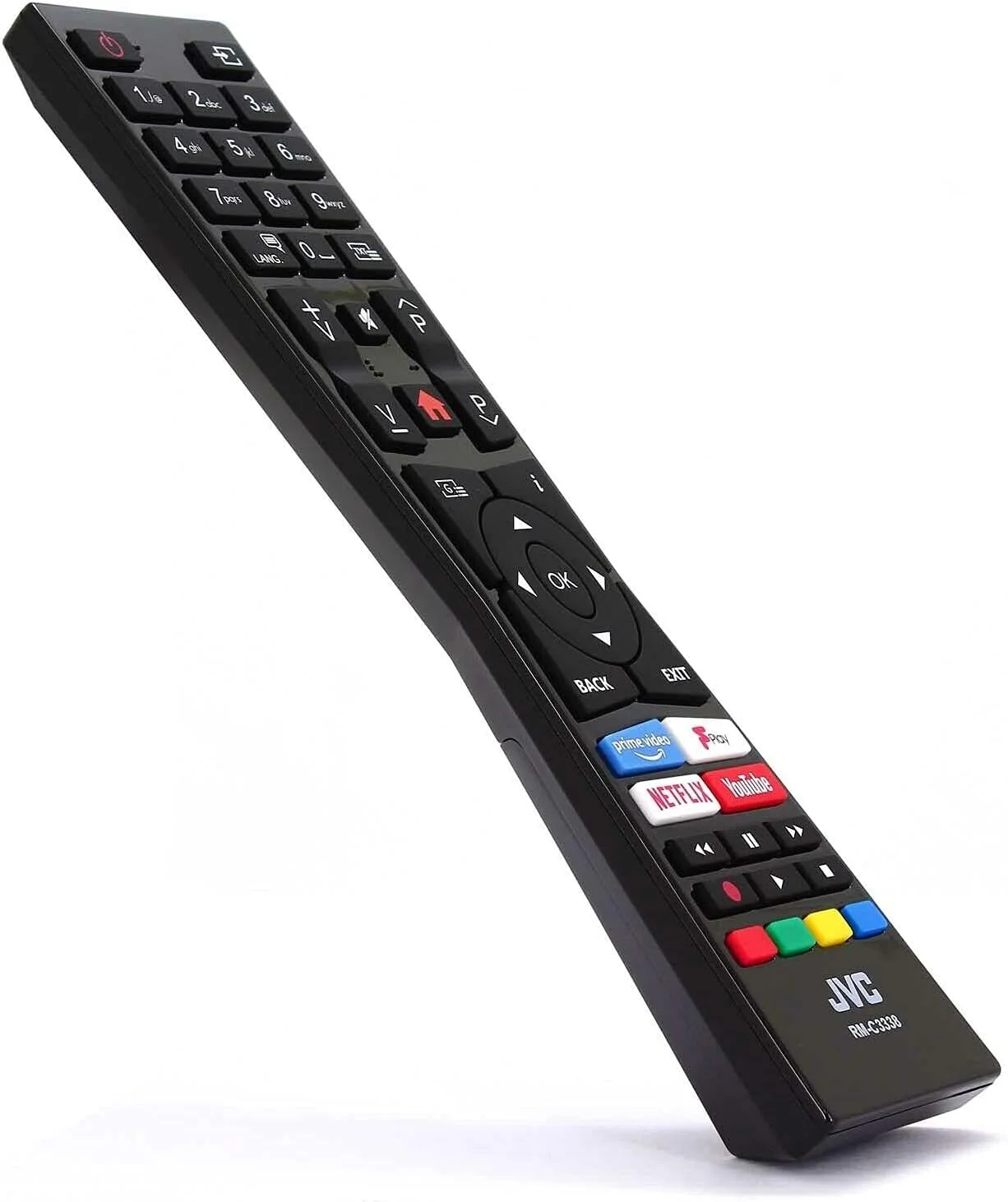 کنترل از راه دور اصلی JVC مدل RM-C3338 برای تلویزیون هوشمند 4K UHD با دکمه های یوتیوب، نتفلیکس و Fplay مناسب برای مدل های LT-24C680 LT-24C681 LT-24C685 LT-24C686 LT-32C690 LT-32C691 LT-32C695