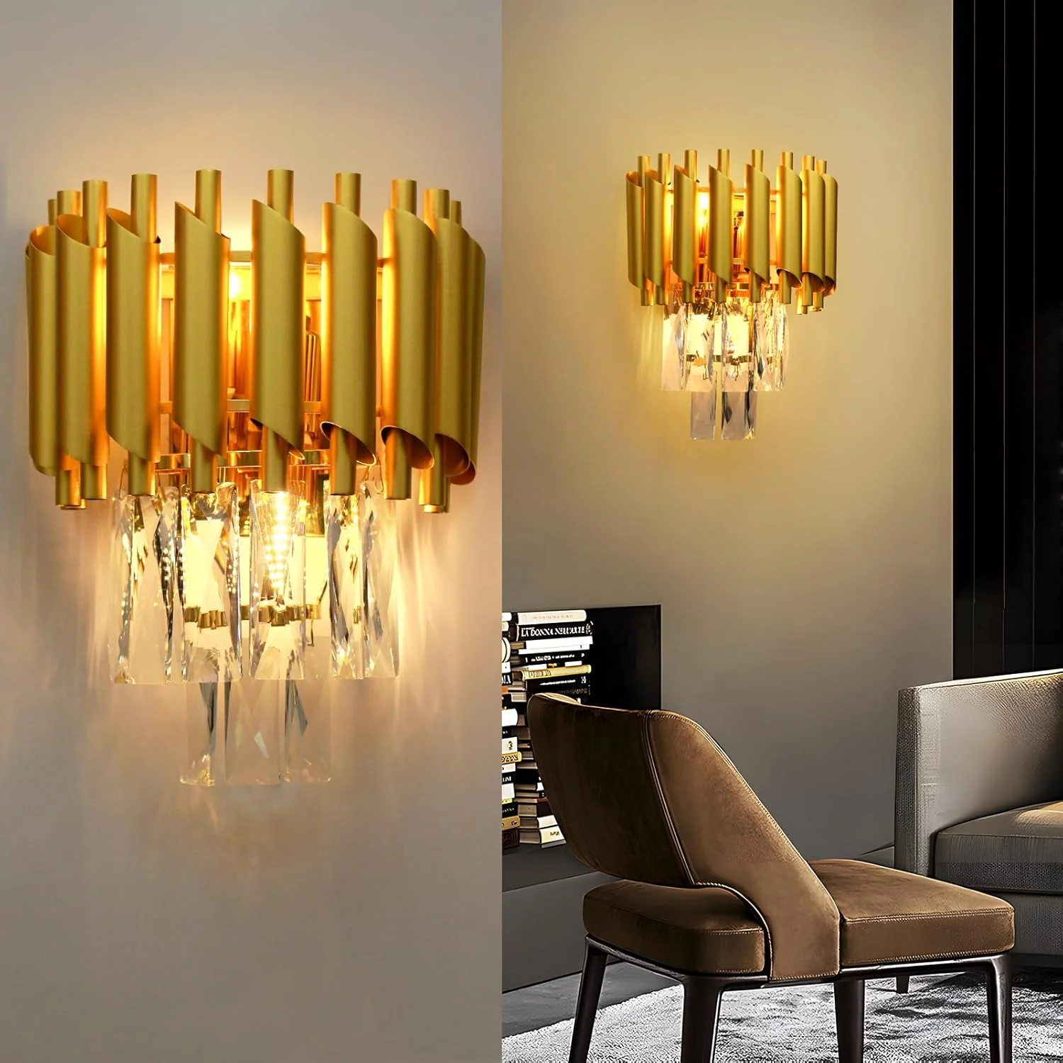 چراغ دیواری کریستالی YT YATAI LIGHTING، چراغ دیواری طلایی مدرن، لوستر دیواری کریستالی خلاقانه و لوکس برای اتاق نشیمن، کنار تخت، راهرو، راه پله، روشنایی راهرو، 2 وات