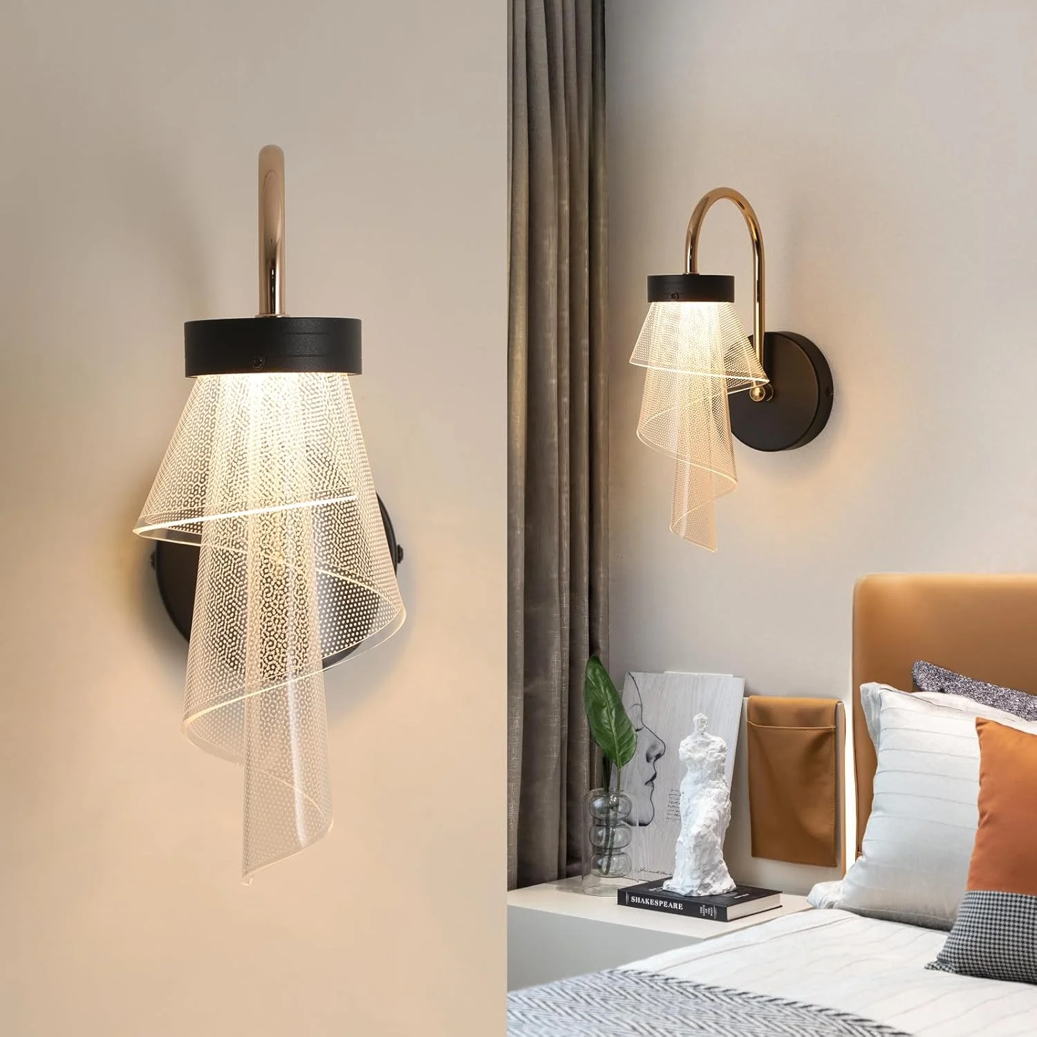 چراغ دیواری ال ای دی مشکی YATAI LIGHTING، چراغ دیواری مدرن سیم کشی شده، چراغ دیواری دکوری کنار تخت، چراغ دیواری برای اتاق نشیمن، اتاق خواب، راهرو، 6 وات (مشکی-طلایی)