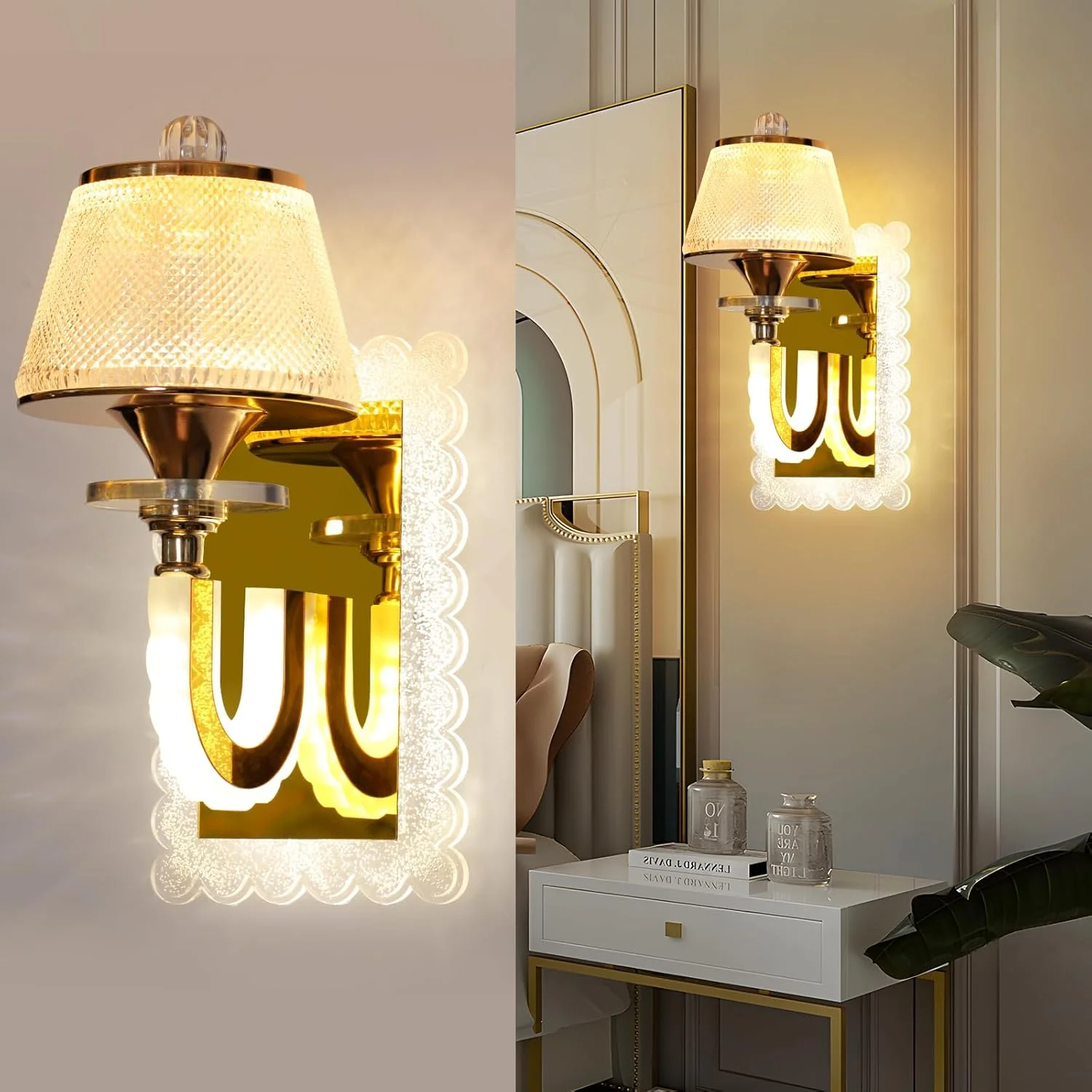 چراغ دیواری LED با روکش طلایی YT YATAI LIGHTING، چراغ های دیواری، چراغ دیواری کنار تخت خواب با قابلیت تنظیم 3 رنگ برای اتاق نشیمن، اتاق غذاخوری، راهرو، 24 وات