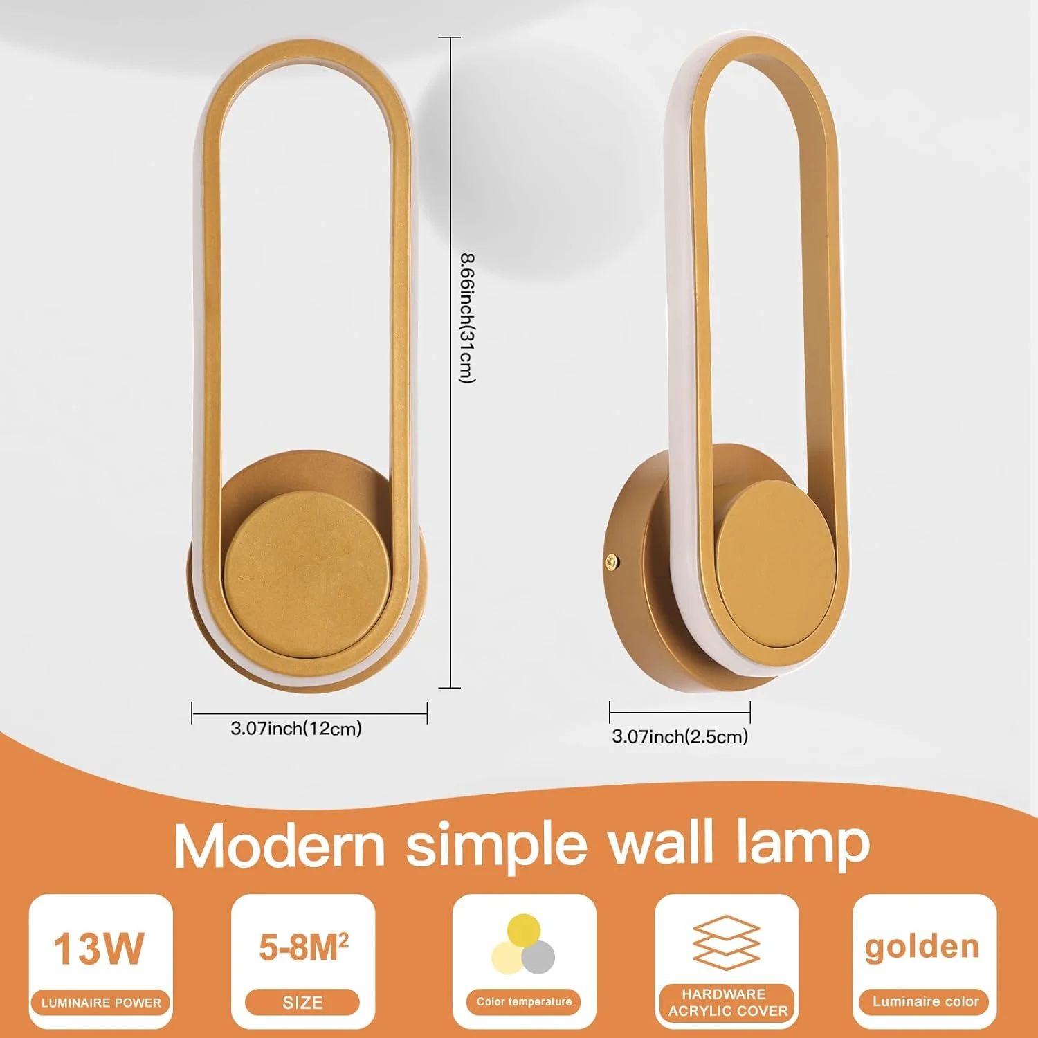 چراغ دیواری ال ای دی مدرن طلایی YATAI LIGHTING با دمای رنگ قابل تنظیم، ایده آل برای اتاق خواب و نشیمن، چراغ دیواری داخلی (13 وات) چراغ دیواری ال ای دی مدرن طلایی YATAI LIGHTING با دمای رنگ قابل تنظیم، ایده آل برای اتاق خواب و نشیمن، چراغ دیواری داخلی (13 وات)