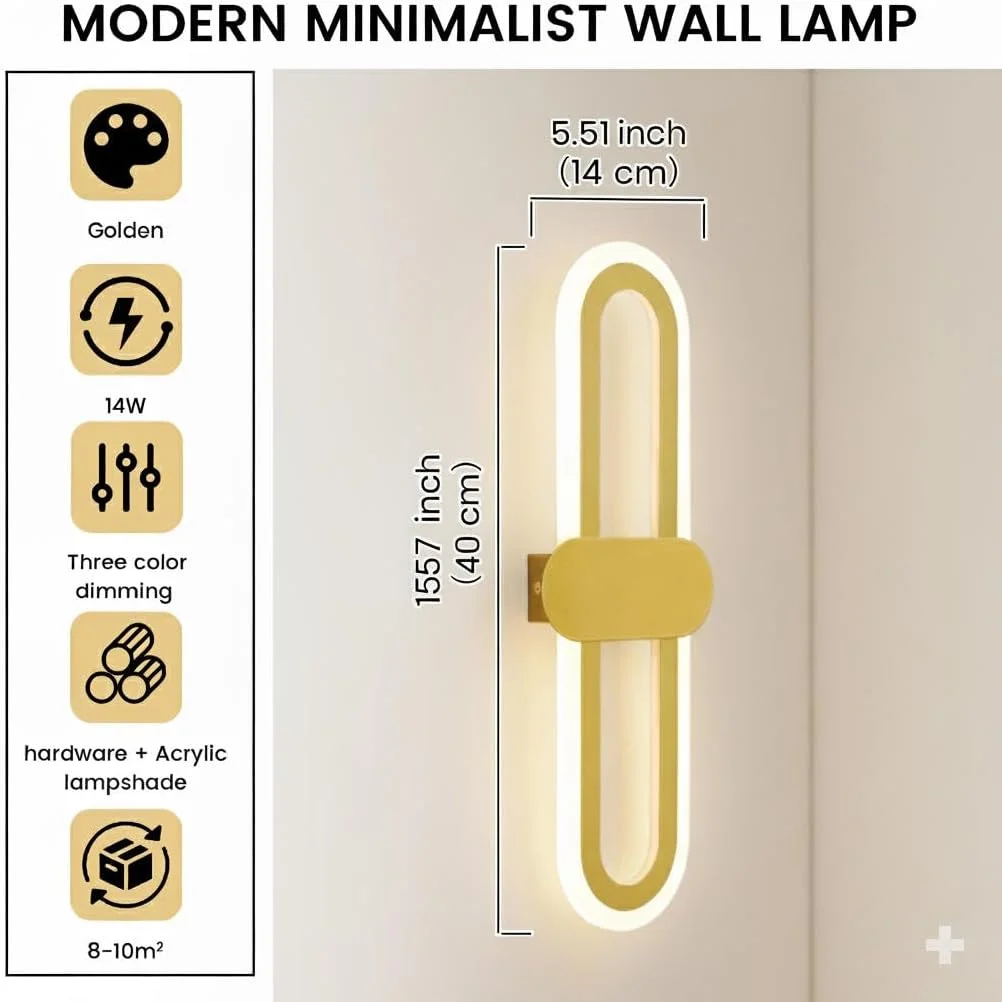 چراغ دیواری LED مدرن بیضی طلایی YATAI، چراغ دیواری 14 وات با قابلیت تنظیم سه رنگ نور، چراغ دیواری سخت افزاری و اکریلیک برای اتاق خواب، ناهارخوری، راهرو، کنار آینه، 3000K–6000K، 40 سانتی متر