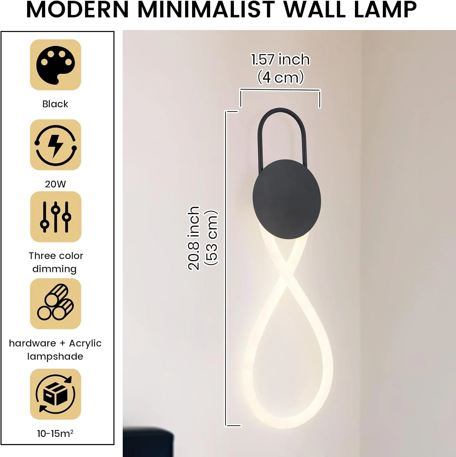 چراغ دیواری ال ای دی مشکی مدرن YATAI، 20 وات، سه رنگ قابل تنظیم، 53 سانتی متر، نور قابل تنظیم با کنترل سوئیچ، گرم/خنثی/سفید برای اتاق خواب، راهرو، غذاخوری، اتاق نشیمن، طراحی مینیمالیستی