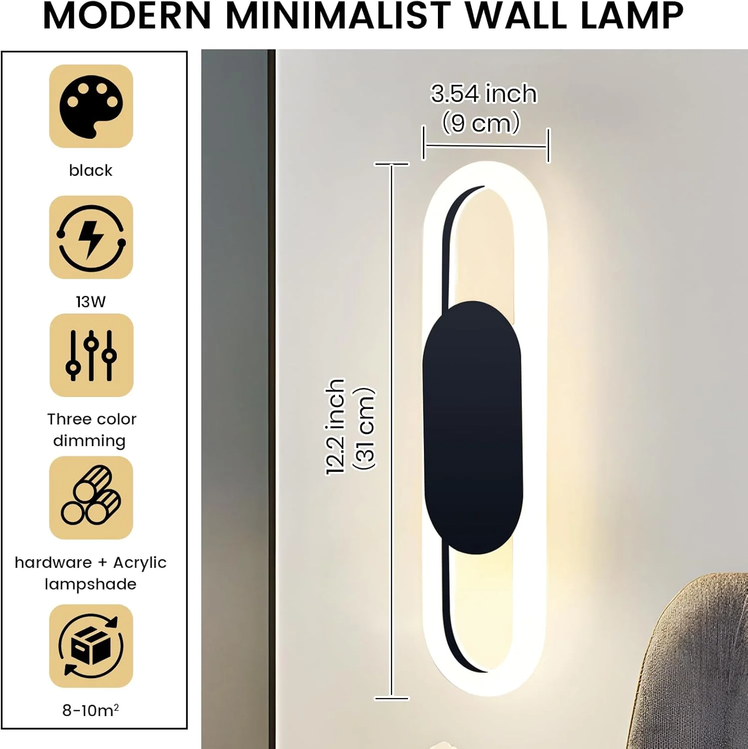 چراغ دیواری ال ای دی مدرن YT YATAI LIGHTING مناسب اتاق نشیمن، اتاق خواب و کنار تخت، چراغ دیواری تزئینی با قابلیت تنظیم 3 دمای رنگ (مشکی) چراغ دیواری ال ای دی مدرن YT YATAI LIGHTING مناسب اتاق نشیمن، اتاق خواب و کنار تخت، چراغ دیواری تزئینی با قابلیت تنظیم 3 دمای رنگ (مشکی)