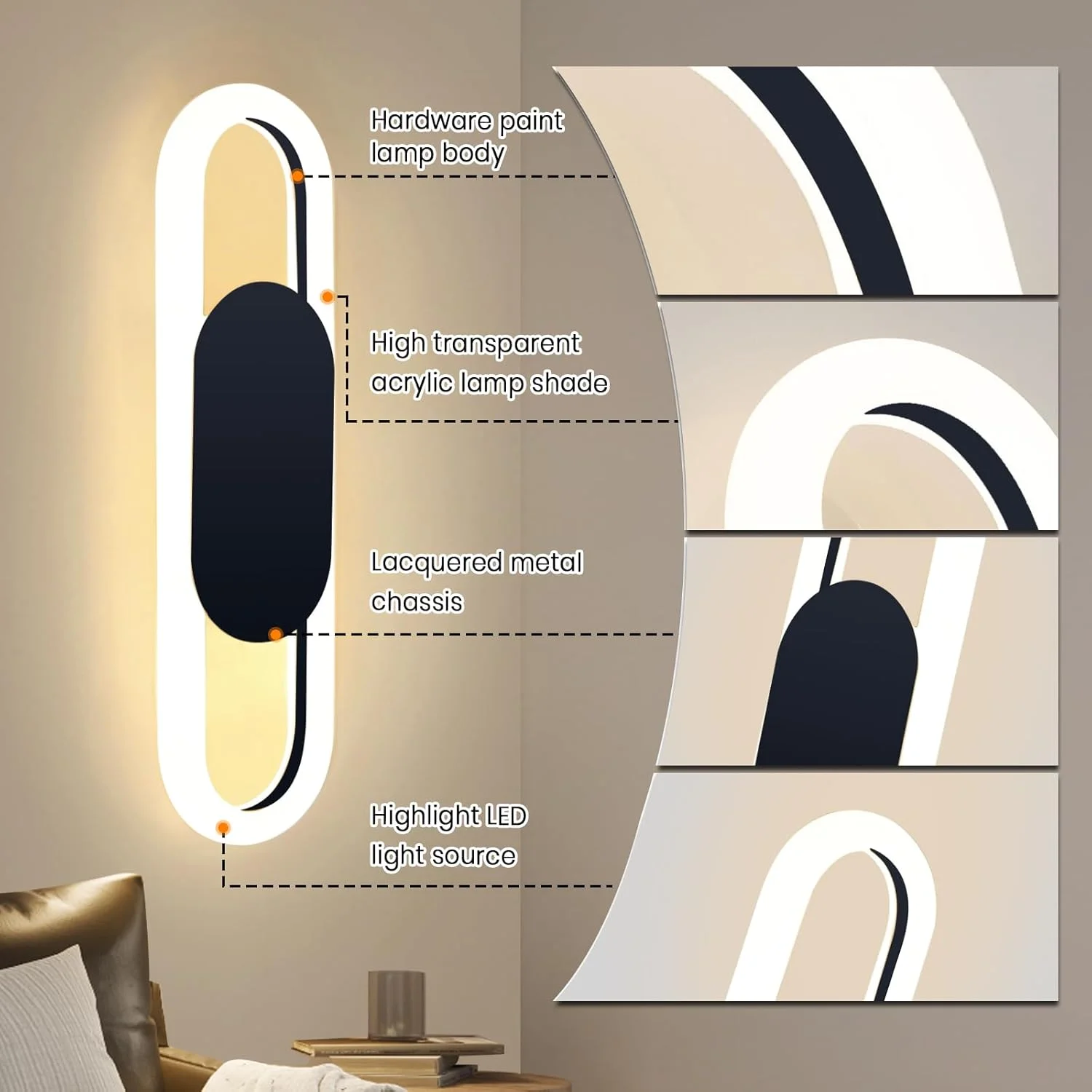 چراغ دیواری ال ای دی مدرن YT YATAI LIGHTING مناسب اتاق نشیمن، اتاق خواب و کنار تخت، چراغ دیواری تزئینی با قابلیت تنظیم 3 دمای رنگ (مشکی) چراغ دیواری ال ای دی مدرن YT YATAI LIGHTING مناسب اتاق نشیمن، اتاق خواب و کنار تخت، چراغ دیواری تزئینی با قابلیت تنظیم 3 دمای رنگ (مشکی)