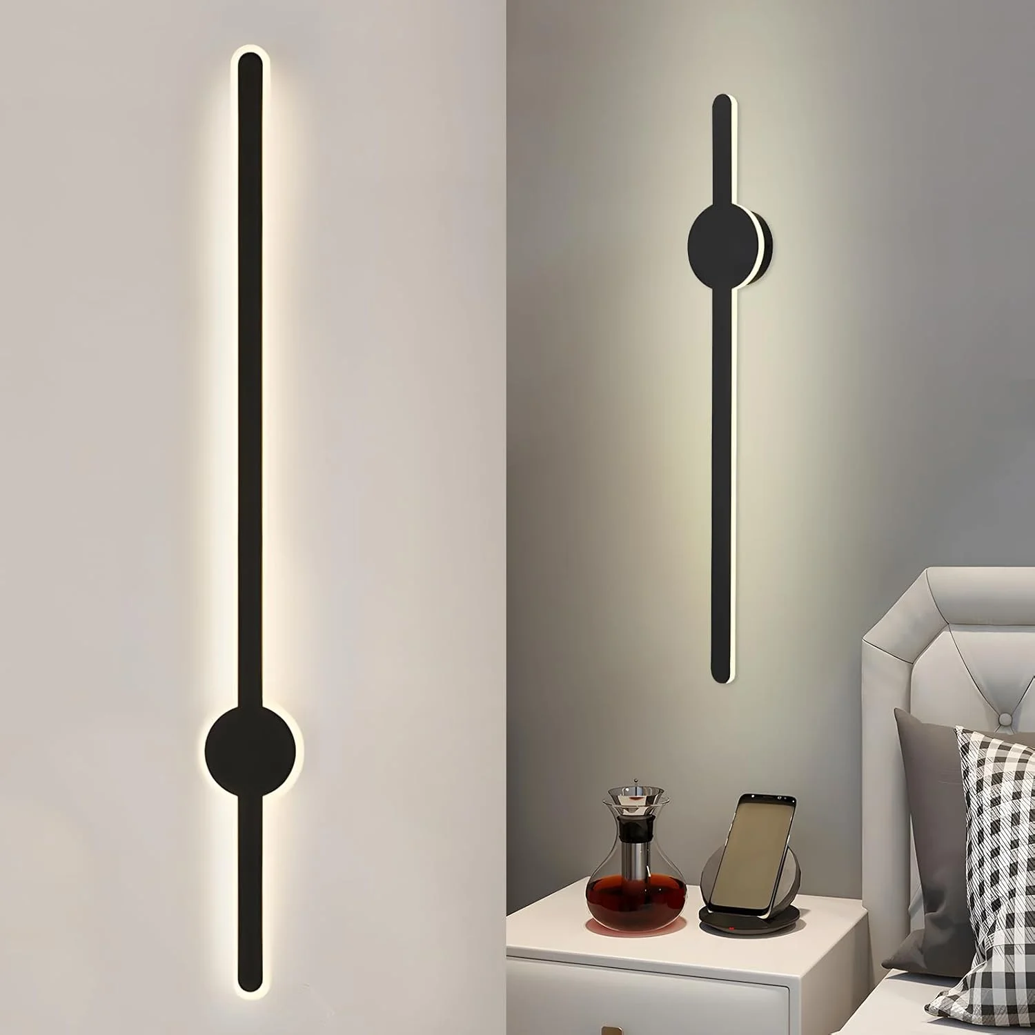 چراغ دیواری خطی مدرن و مینیمالیستی YT YATAI LIGHTING، چراغ دیواری LED دیمر پذیر داخلی، چراغ دیواری نواری بلند، چراغ روشنایی آلومینیومی اکریلیک مناسب اتاق خواب، اتاق نشیمن، هتل، راه پله (مشکی، 80 سانتی متر 29 وات)