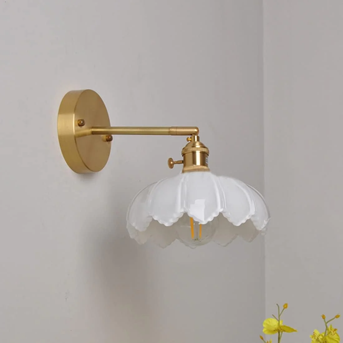 Vintage Wall Sconce Gold Glass Wall Mounted Lamp with White Glass Flower Shade Brass Fixture for Bedroom Living Room Dining Room Farmhouse