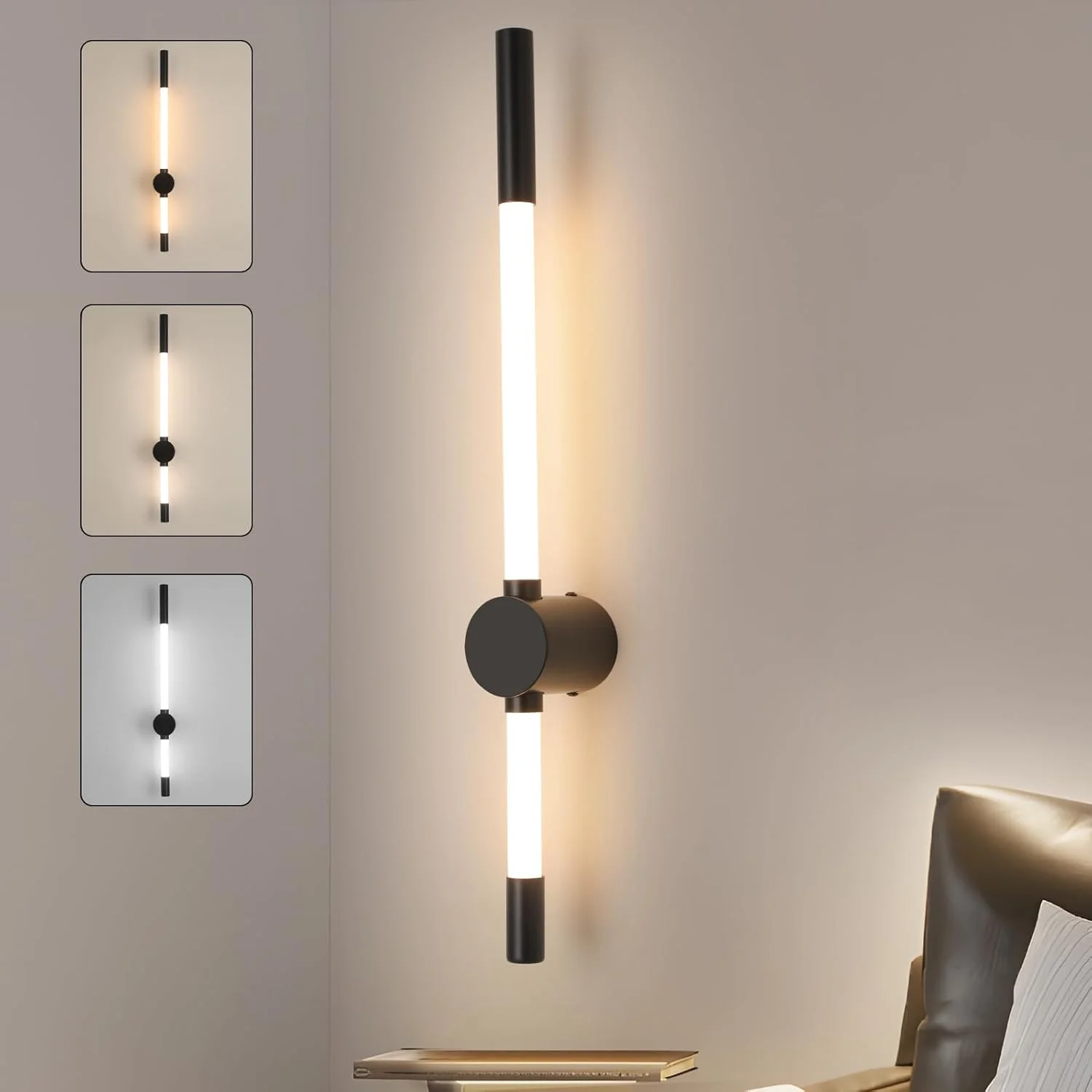 چراغ دیواری LED یاتای مناسب کنار تخت، اتاق خواب و نشیمن - چراغ دیواری دیمر دار با قابلیت تنظیم 3 رنگ - طراحی مدرن خطی مشکی