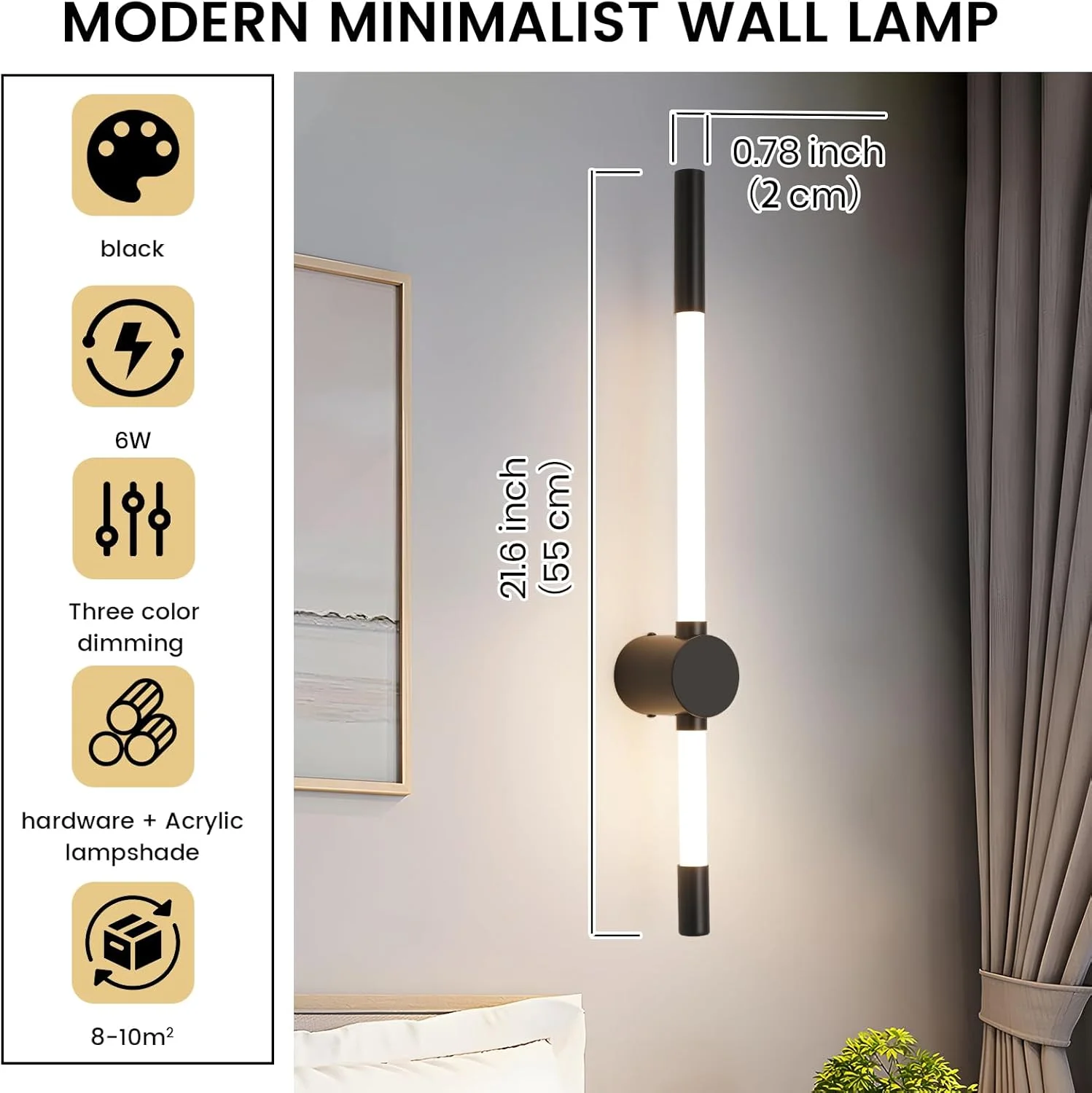 چراغ دیواری LED یاتای مناسب کنار تخت، اتاق خواب و نشیمن - چراغ دیواری دیمر دار با قابلیت تنظیم 3 رنگ - طراحی مدرن خطی مشکی چراغ دیواری LED یاتای مناسب کنار تخت، اتاق خواب و نشیمن - چراغ دیواری دیمر دار با قابلیت تنظیم 3 رنگ - طراحی مدرن خطی مشکی