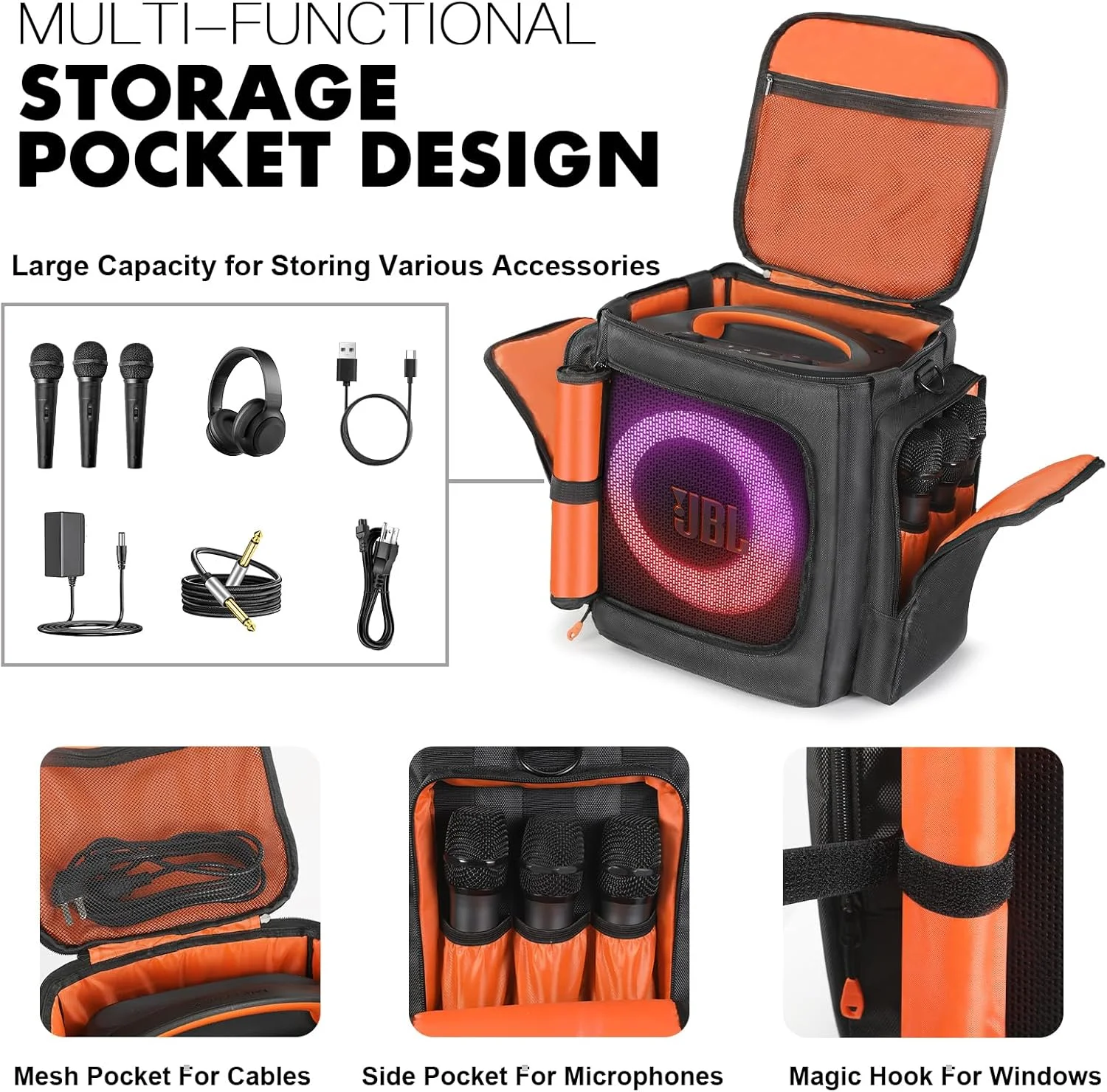 کیف حمل اسپیکر EUGOOCX سازگار با JBL Partybox Encore Essential/Essential 2، کیف حمل با جیب های جانبی برای اسپیکر قابل حمل و لوازم جانبی
