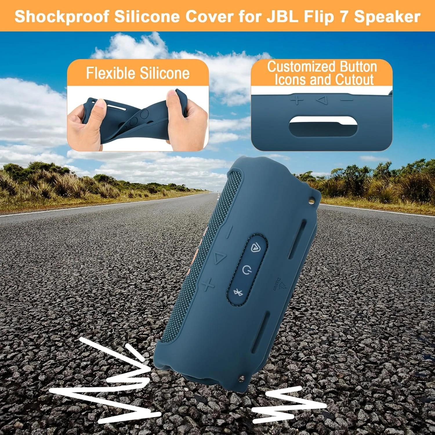 کاور سیلیکونی TXEsign سازگار با اسپیکر قابل حمل JBL Flip 7، کاور محافظ سیلیکونی با بند شانه و بند دوچرخه برای دوچرخه، گلف کارت، نرده (آبی تیره)